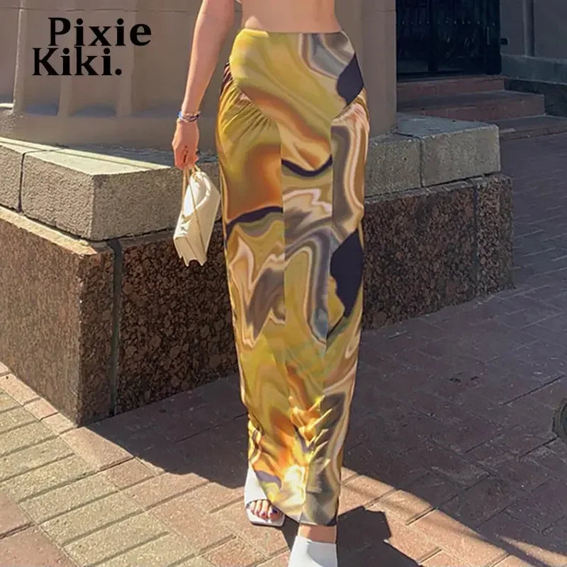Vintage 2000s Aesthetic Abstract Yellow Printed High Waisted Long Skirts for Women - Retro Fashion Bottoms P85 BD18 | Perfect for Boho Chic Outfits, Casual Wear & Festival Style
