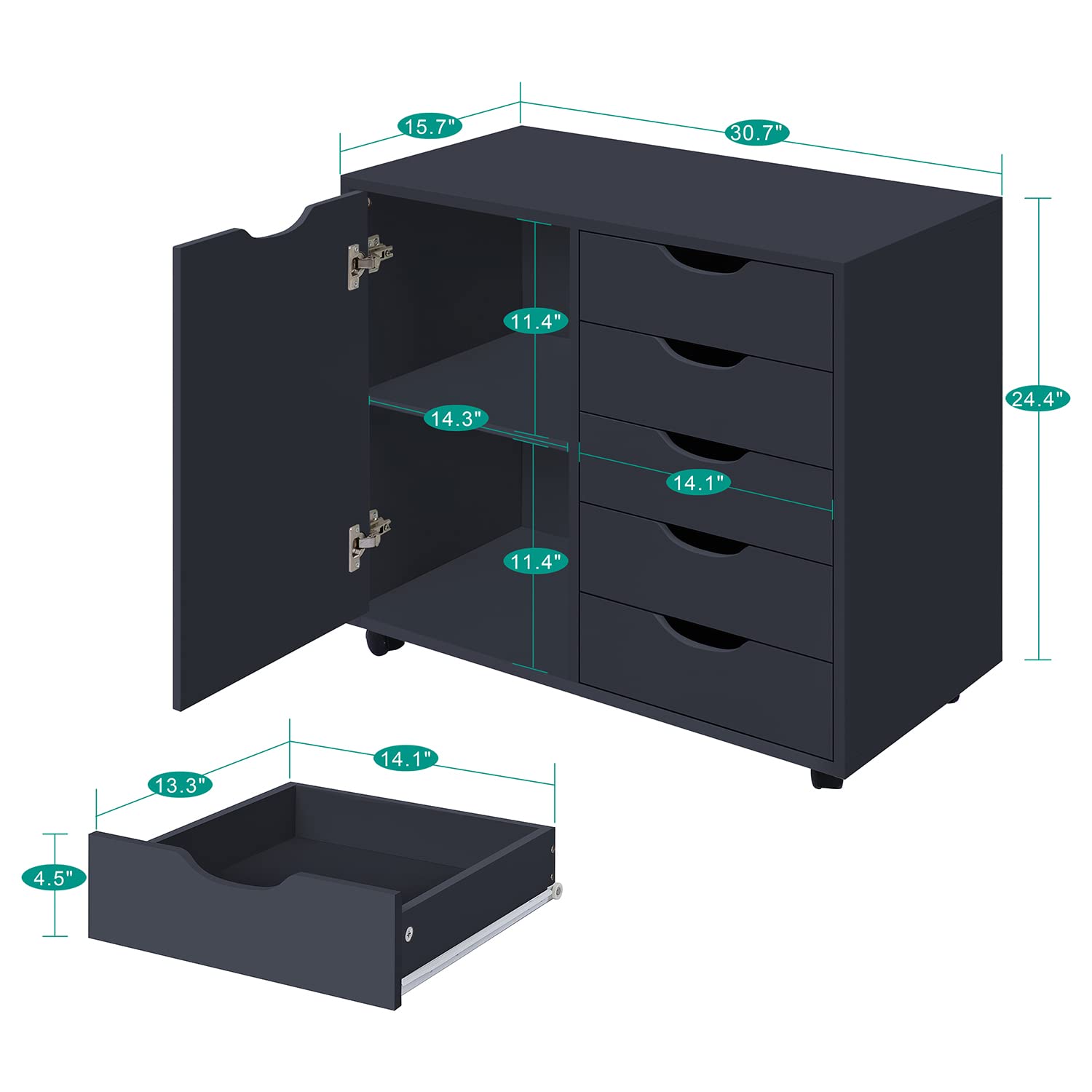Naomi Home 5-Drawer Dresser with Wheels - Tall Bedroom Storage Cabinet with Shelves, 180 lbs Capacity - Black Small Dresser for Closet, Makeup Vanity & Bedroom Organization