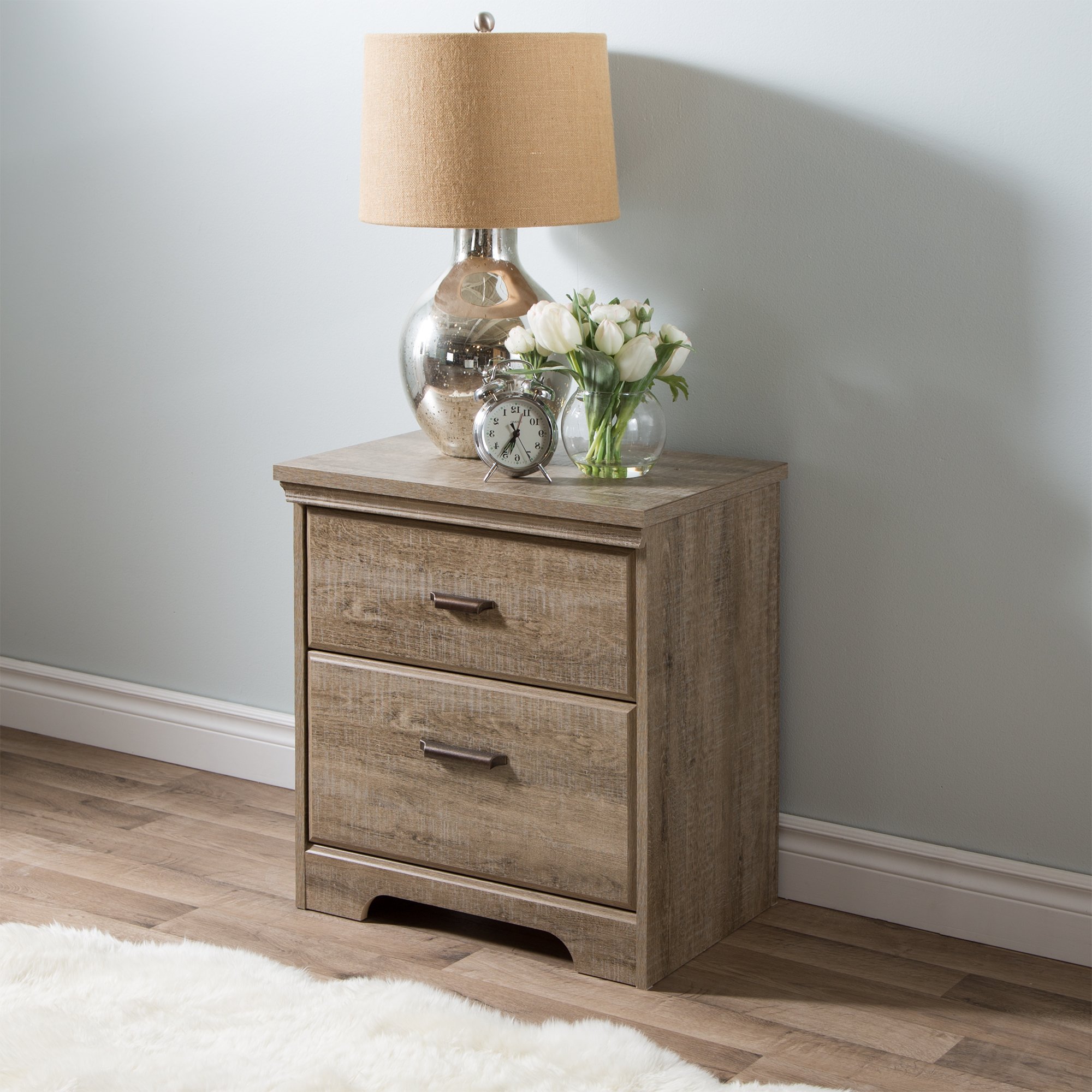 South Shore Versa 2-Drawer Nightstand in Weathered Oak Finish - Modern Bedroom Side Table with Storage for Bedroom, Living Room or Office