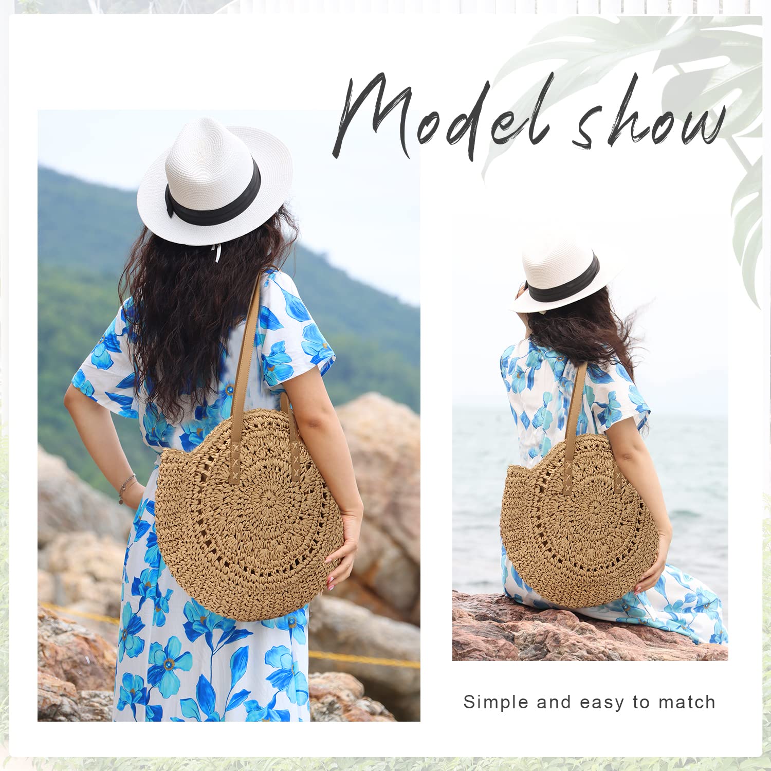 Stylish Women's Straw Round Handwoven Beach Tote Bag - Natural Boho Summer Shoulder Bag for Vacation, Travel, Picnic & Outdoor Activities