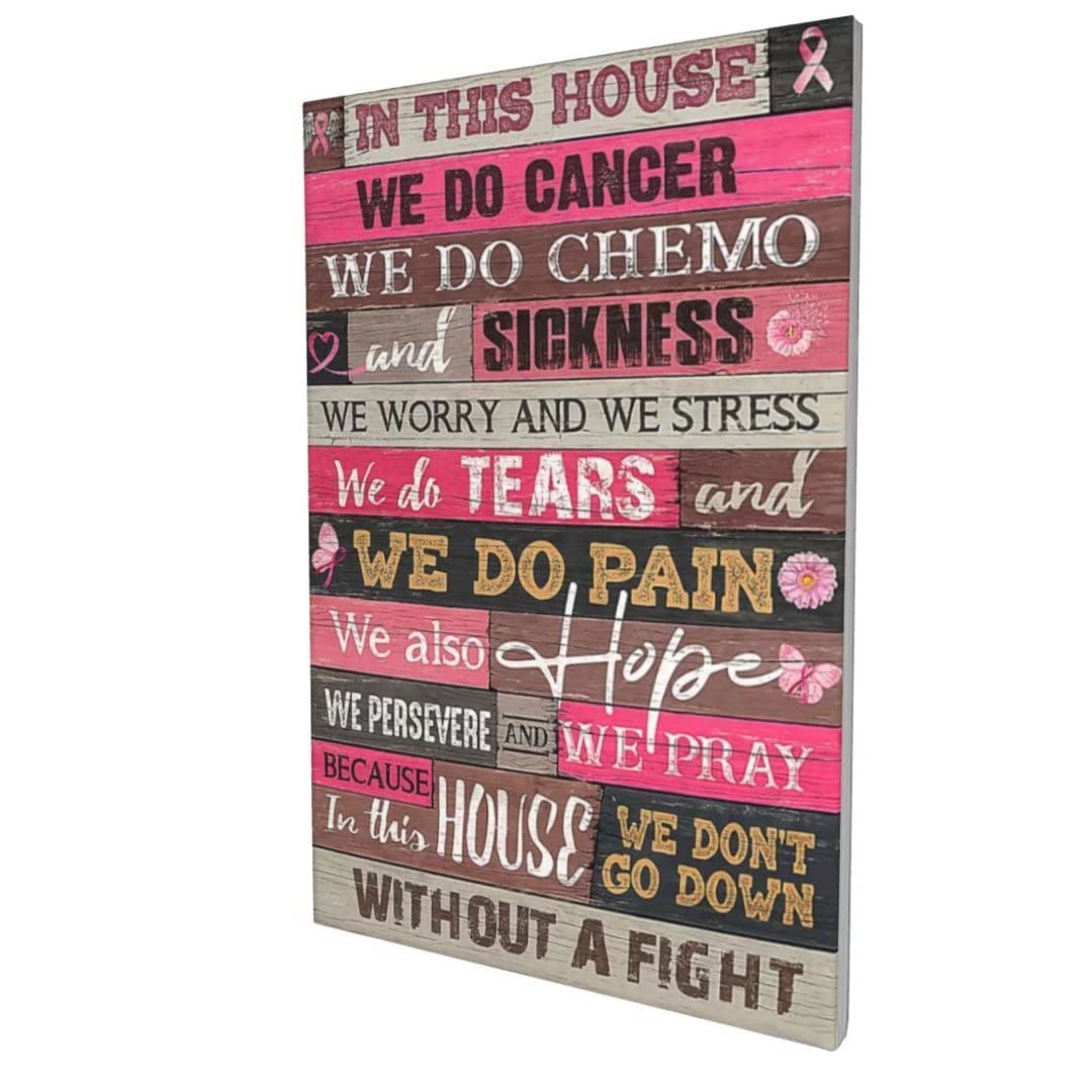Breast Cancer Awareness Wall Art - Pink Ribbon Inspirational Quotes Canvas Print with Wooden Background, Floral & Butterfly Design, 12x16 Inch Framed Decor for Hospital, Office & Home