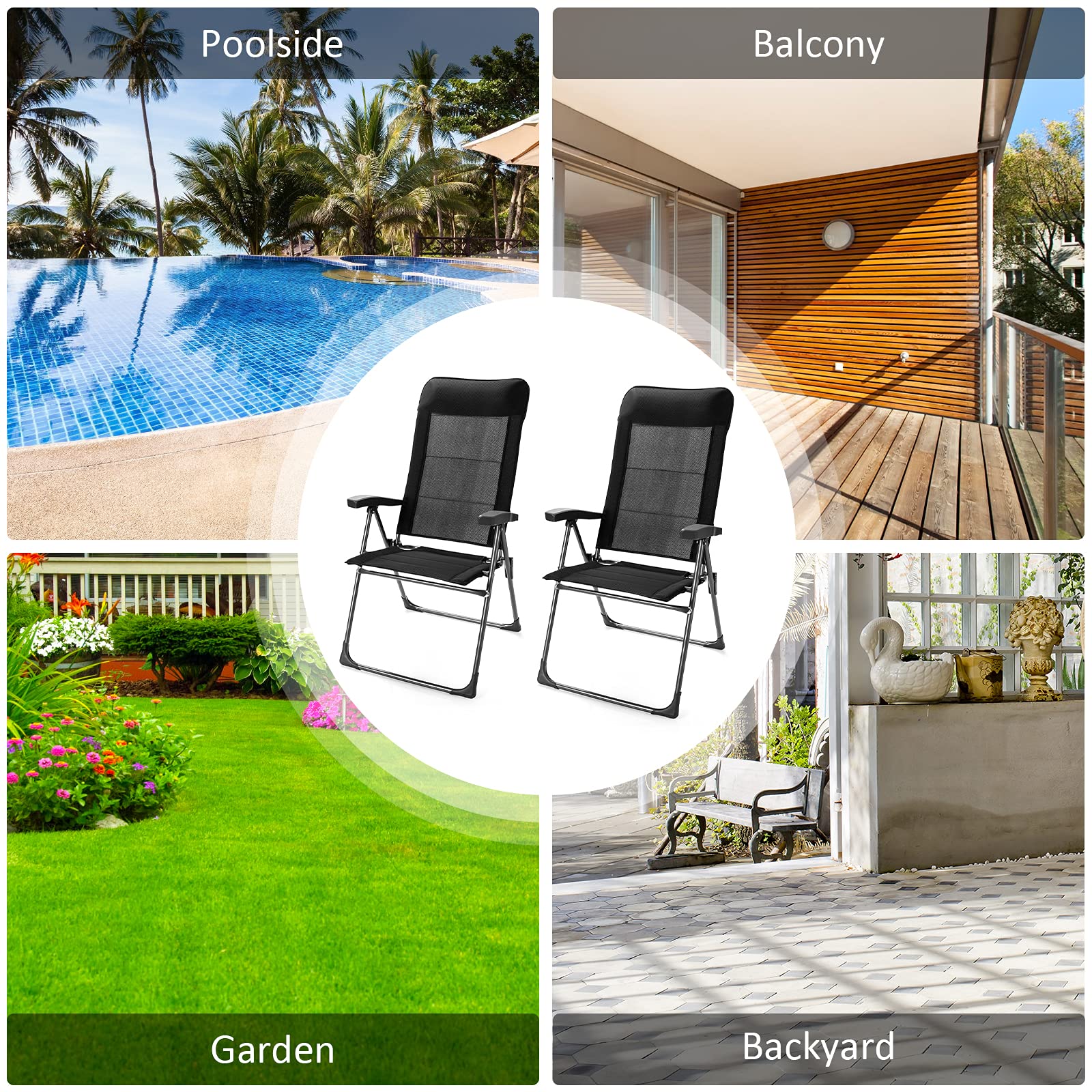 Tangkula 2-Piece Folding Patio Dining Chairs Set - Adjustable Backrest, Portable Outdoor Camping Chairs with Armrests & Headrest - Perfect for Yard, Poolside, Balcony, Beach and Picnic Use