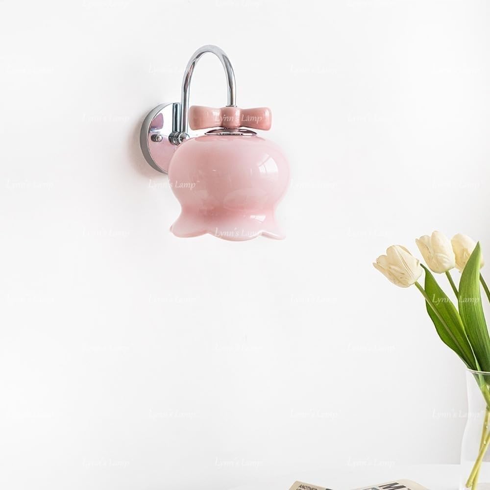 Nordic Modern Glass Wall Sconce with Flower Shade - E27 Chrome Gooseneck Bathroom Wall Light for Kids Bedroom, Girls Room & Living Room - Perfect for Bedside Lighting and Home Decor