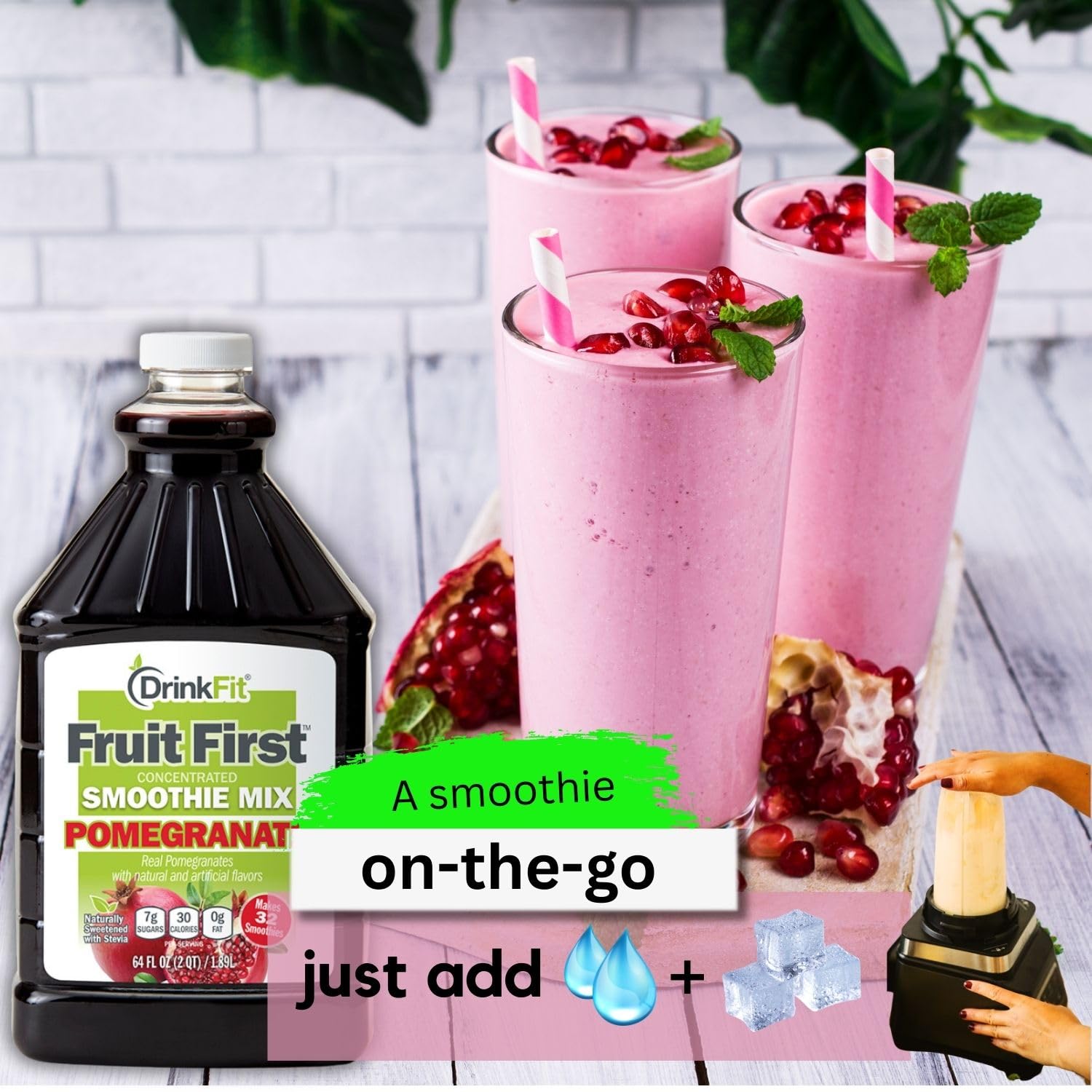 DrinkFit Pomegranate Fruit Smoothie Mix - Real Fruit Puree, Low Sugar, Gluten-Free & Non-GMO - Makes 32 Smoothies (64 Fl Oz) | Perfect for Breakfast, Post-Workout Recovery & Healthy Snacking