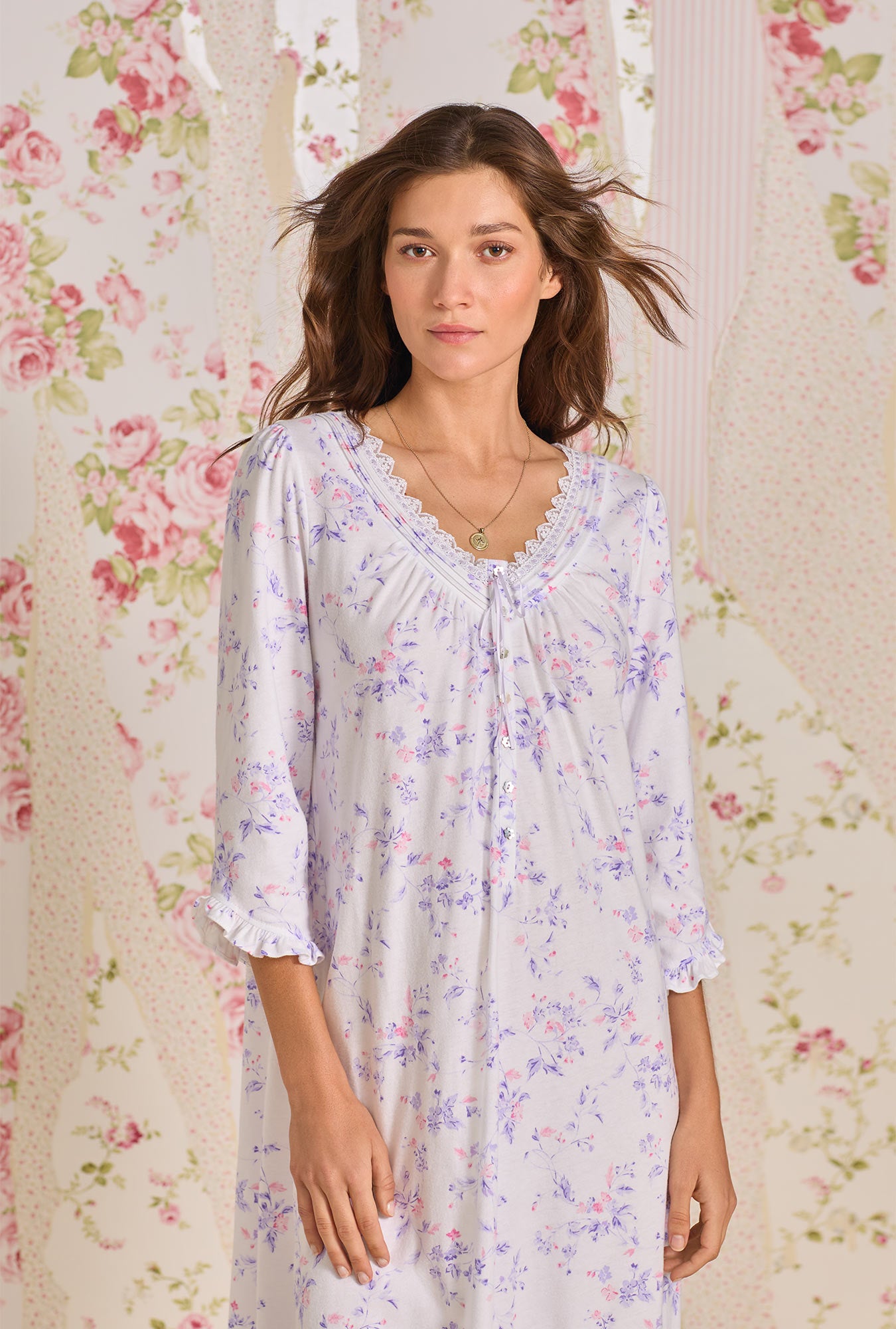 Petite Floral 3/4 Sleeve Cotton Knit Nightgown for Women - Soft & Comfortable Sleepwear for Relaxing at Home or Overnight Travel