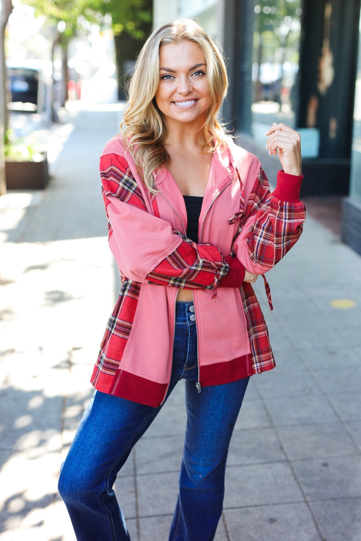 Stylish Marsala Plaid Color Block Zipper French Terry Hoodie for Women | Cozy Fall & Winter Outerwear | Perfect for Casual Outings, Lounge Wear and Street Fashion