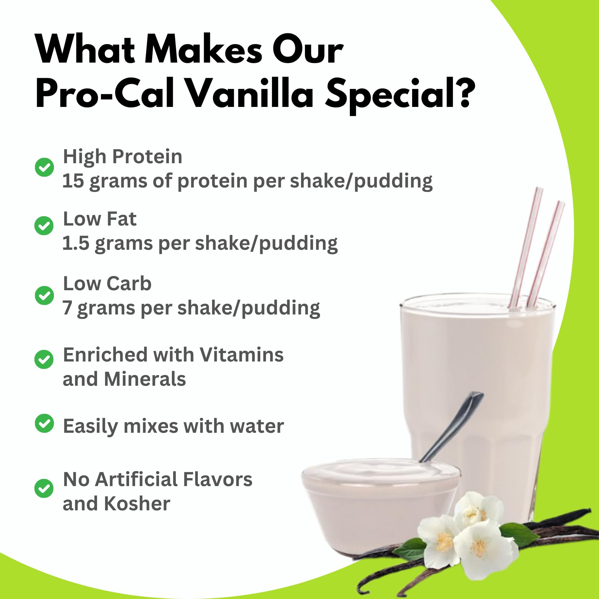 Pro-Cal Vanilla Protein Drink Mix - High Protein, Low Calorie Shake & Pudding Mix (15g Protein) - Meal Replacement for Weight Loss & Muscle Gain - On-the-Go Breakfast Boost - 7 Single-Serve Packets - Perfect for Gym, Workout Recovery & Busy Mornings