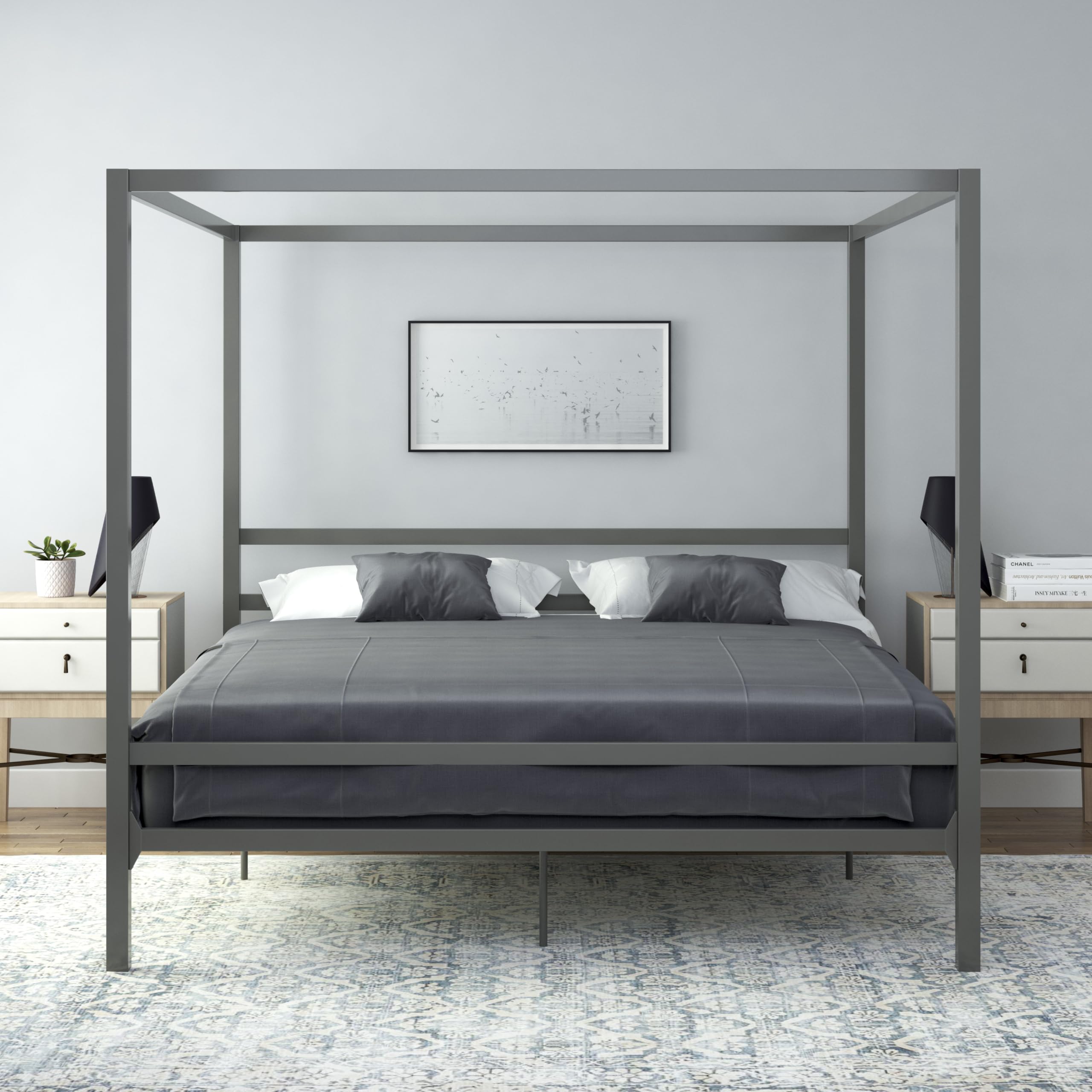 DHP King Metal Canopy Bed Frame - Modern Platform Bed with Built-In Headboard, Sturdy Steel Frame, No Box Spring Needed in Gunmetal Gray - Perfect for Master Bedroom, Guest Room & Modern Home Decor