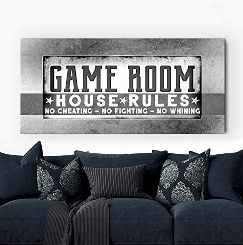 House Rules Wall Art - Large Framed Canvas Gaming Room Decor for Boys & Teens - Grey 60x27 - Perfect for Gamer Rooms, Man Caves & Teen Bedrooms