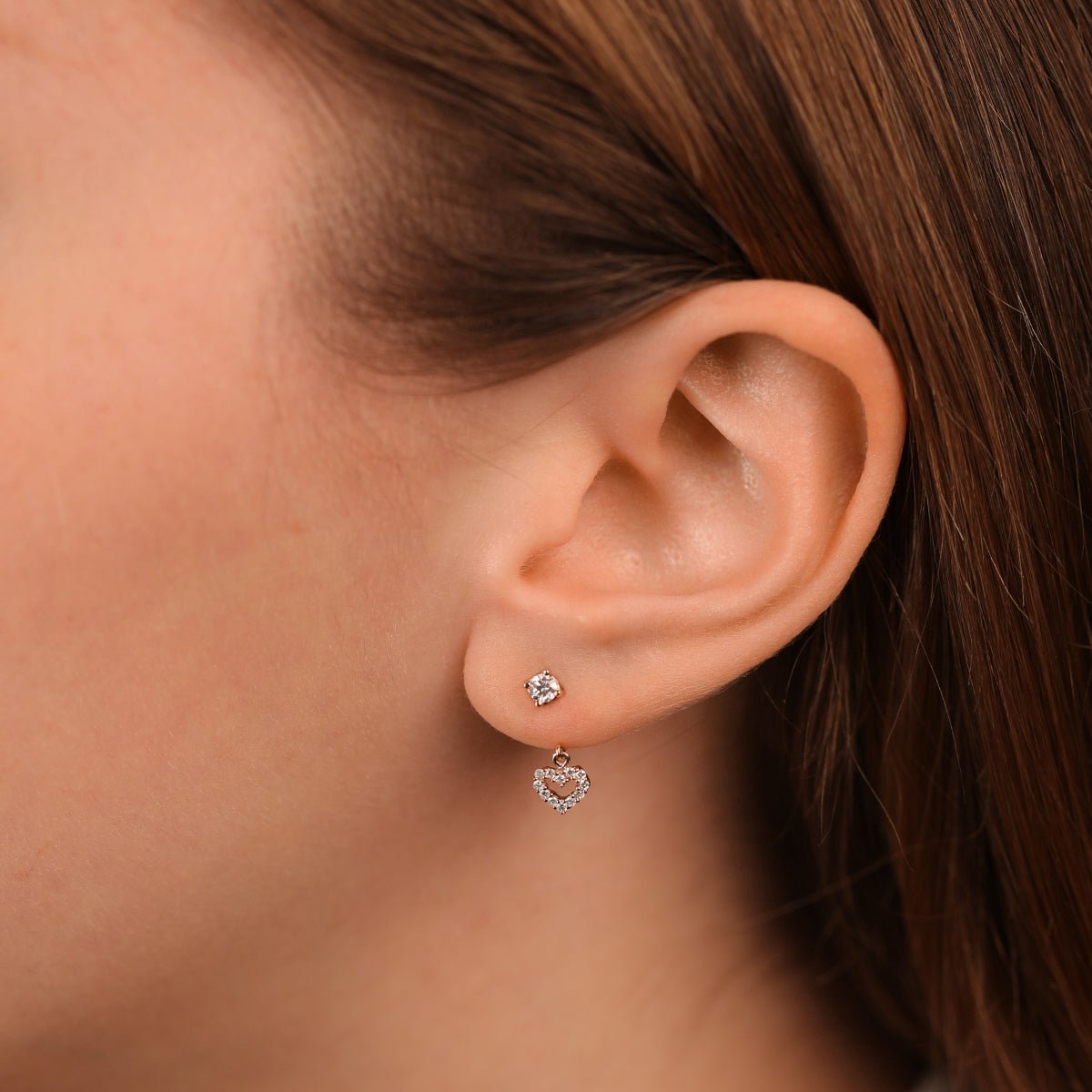 14k Rose Gold Diamond Heart Ear Jacket & Stud Earrings Set - Dainty Huggie Hoop & Stud for Women - Perfect for Valentine's Day, Anniversary & Everyday Wear