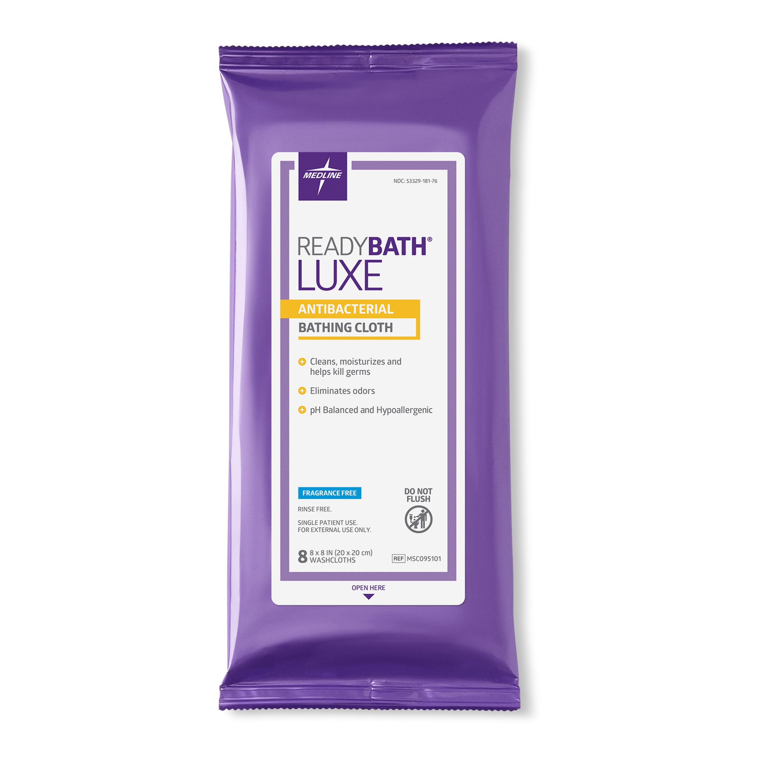 **Medline ReadyBath LUXE Antibacterial Extra Thick Adult Bath Wipes (8 Wipes) – Unscented, No Rinse Formula with Aloe – Shower Wipes for Sensitive Skin, Hypoallergenic & Alcohol-Free – 8 x 8 Inch – Ideal for Travel, Elderly Care & Post-Surgery Hygiene**