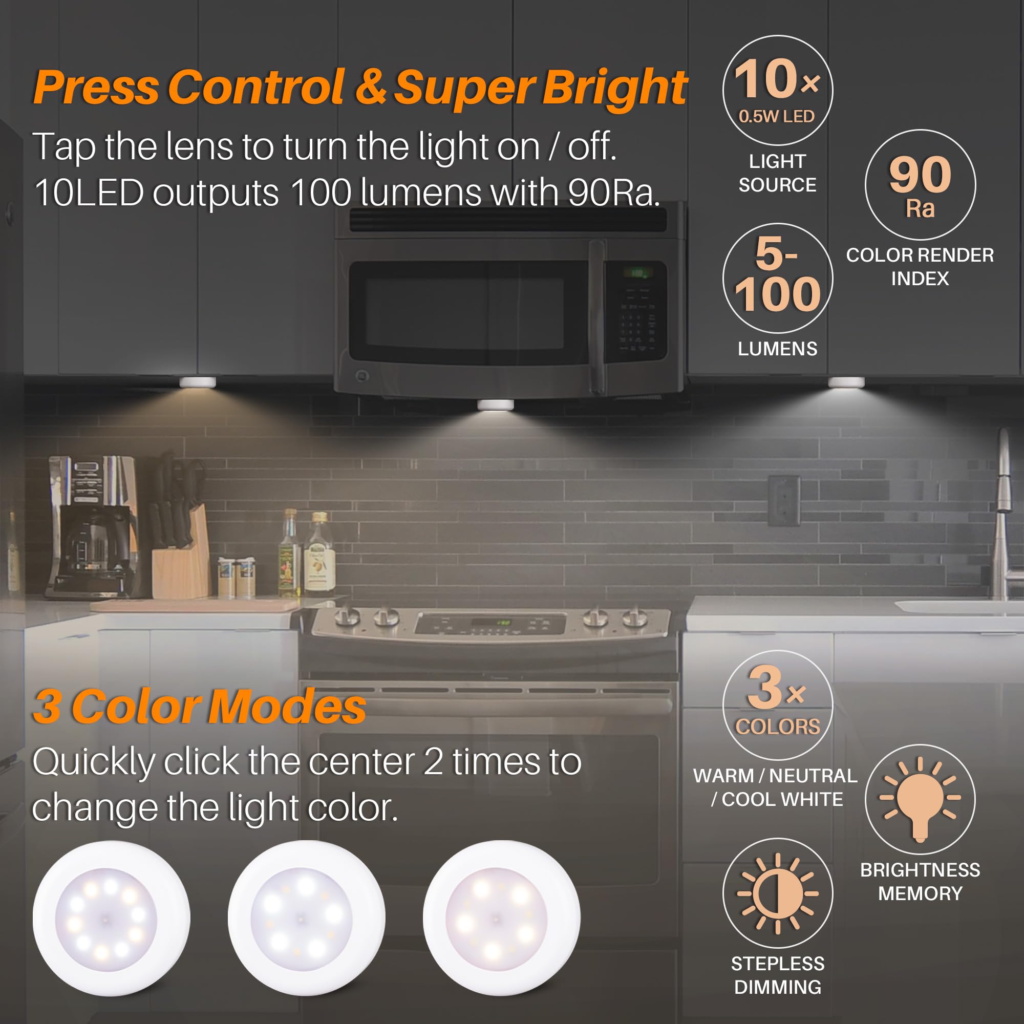 STAR-SPANGLED 4 Pack 3.1” Dimmable Push Tap LED Lights - AA Battery Operated Stick-On Puck Lights with 3 Color Modes - Perfect for Classroom, Kitchen, Under Cabinet, Closet, Nursery & Stairway Lighting
