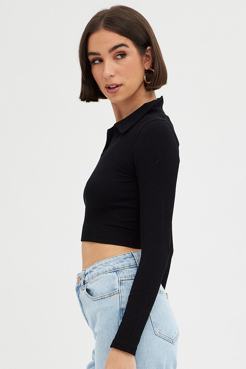 Black Collar Long Sleeve Seamless Tops for Women - Comfortable Stretchy Workout Shirts for Yoga, Gym & Casual Wear