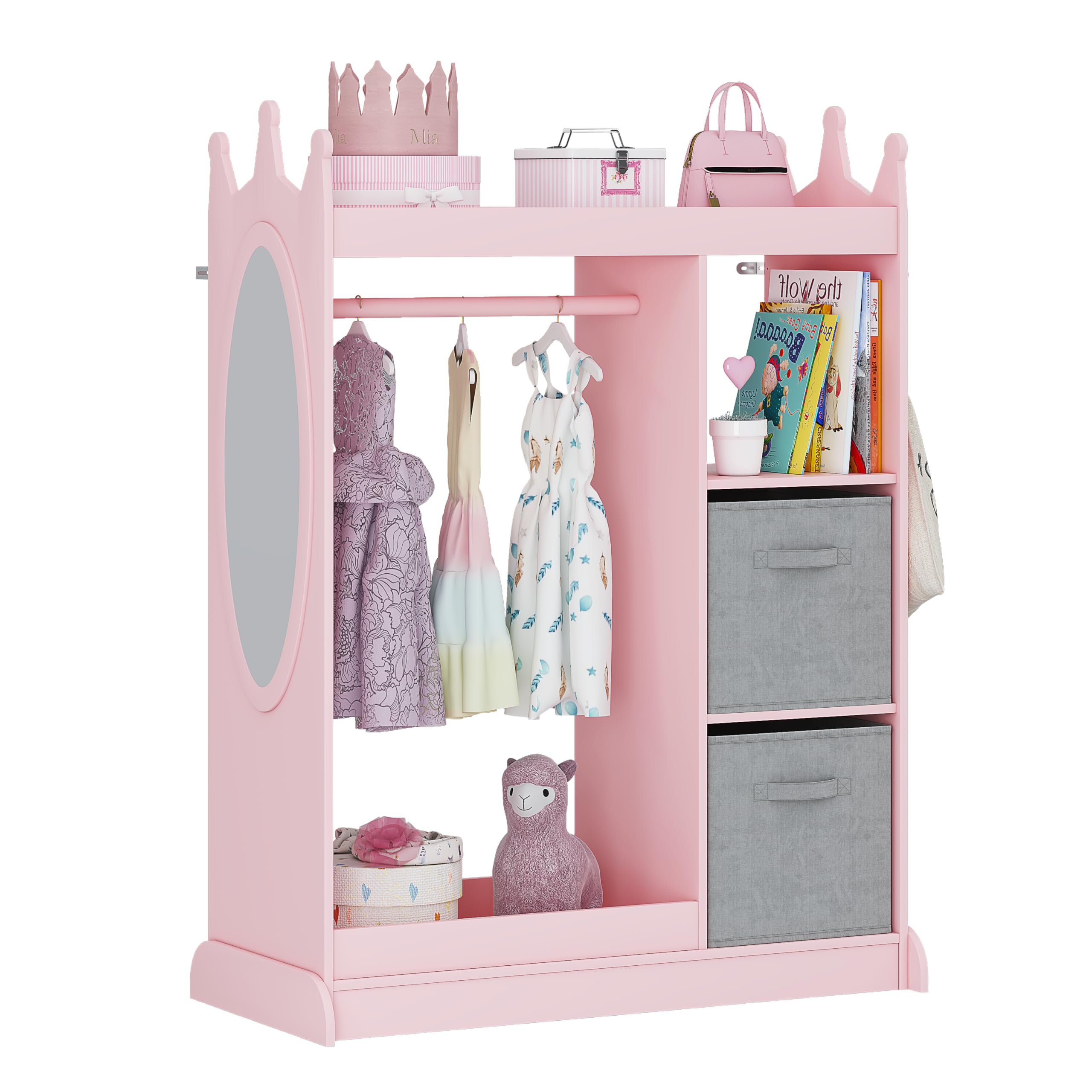 UTEX Kids Armoire Wardrobe Closet with Mirror & Storage Bin - Pink (33.4