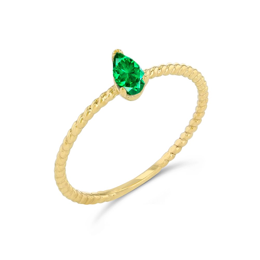14K Yellow Gold Solitaire Emerald Pear-Shaped Engagement Ring for Women - Size 9, Dainty Rope Band, Modern Wedding Jewelry - Perfect for Proposals, Anniversaries & Special Occasions