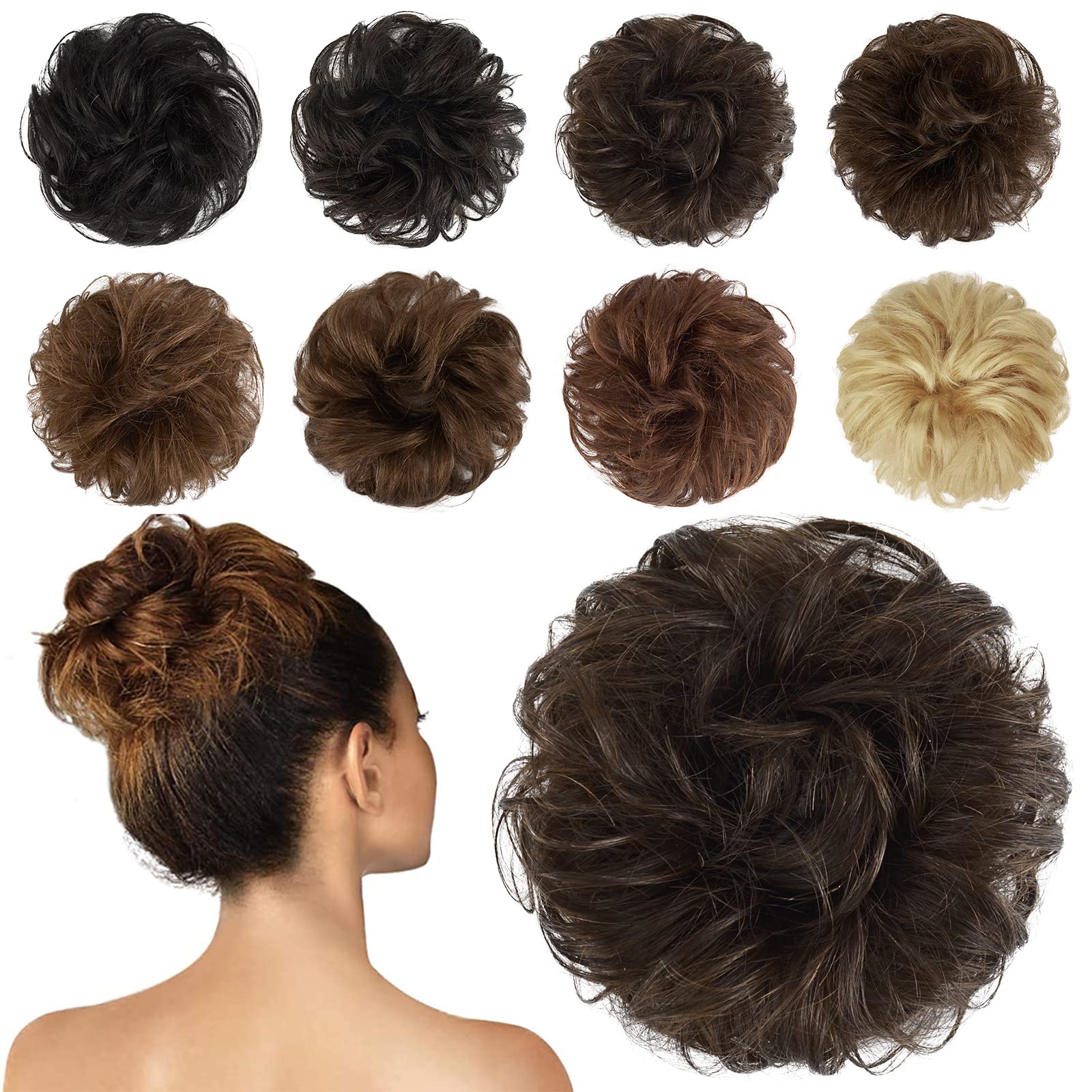 FESHFEN 100% Human Hair Scrunchies (4-Pack Brown) - Curly Messy Bun Hair Extensions for Women & Kids | Wedding, Prom & Everyday Updo Chignon Donut Accessories