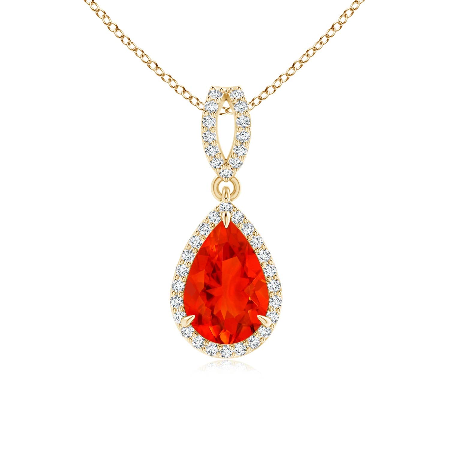 Angara Natural Fire Opal Halo Solitaire Pendant Necklace for Women - 14K Solid Gold/Platinum | October Birthstone Jewelry | Elegant Gift for Her, Birthday, Anniversary | Perfect for Weddings, Date Nights & Special Occasions