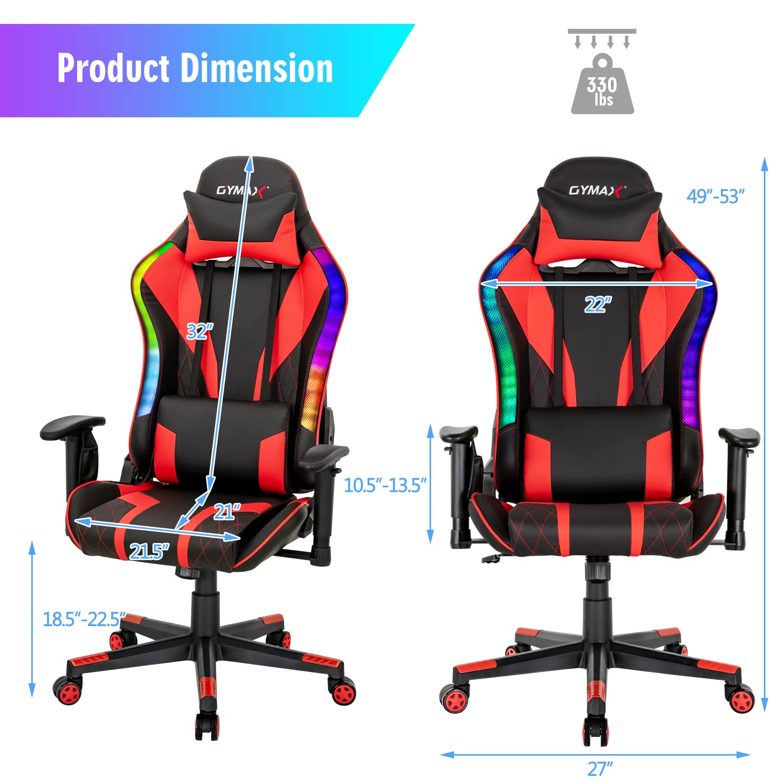Powerstone RGB Gaming Chair - Ergonomic Racing Style Computer Chair for Adults with Adjustable Lumbar Support & Armrests - High Back Office Desk Chair for Gamers (Red) - Perfect for Esports, Streaming & Home Office Workspace