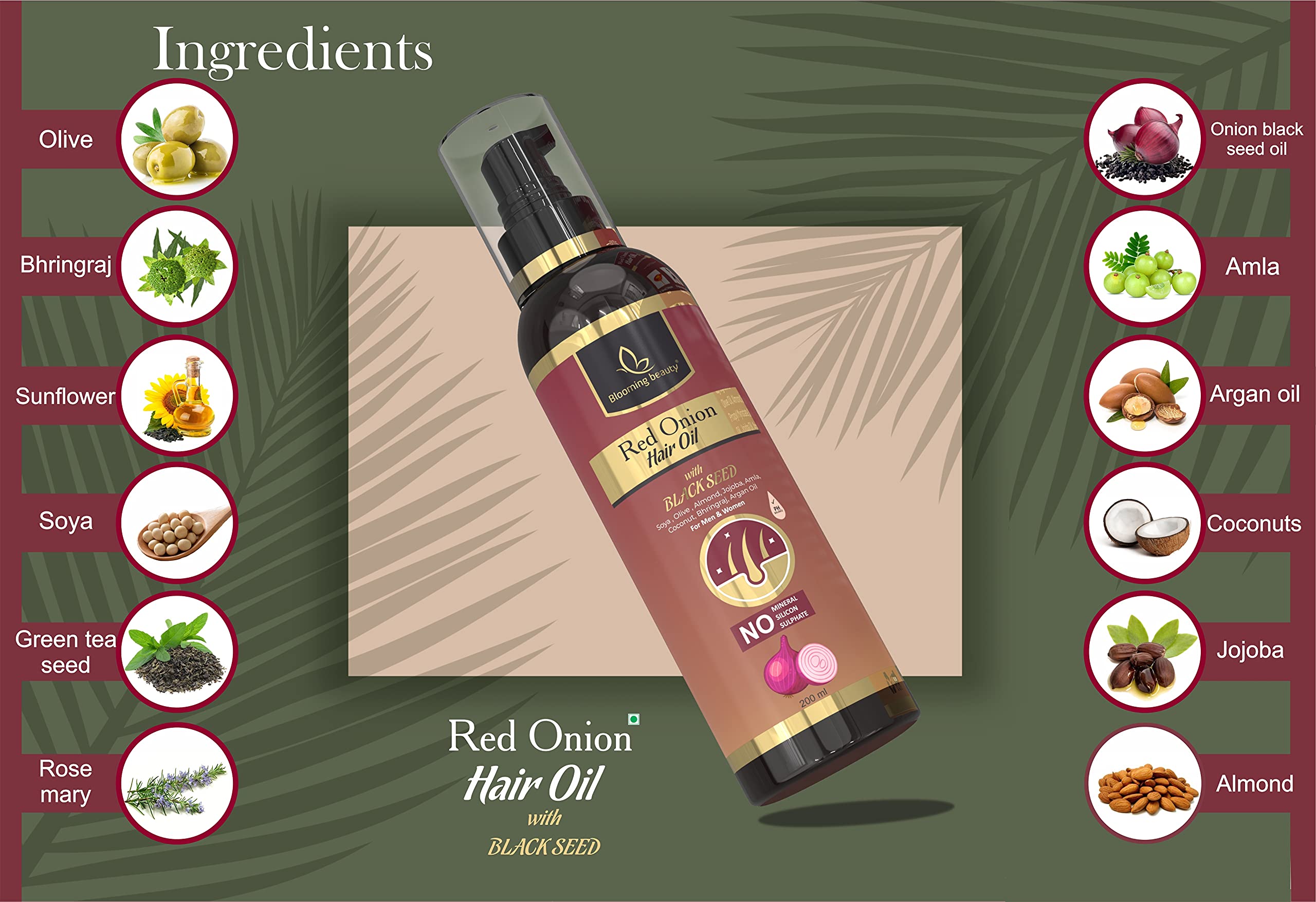 Blooming Beauty Red Onion Hair Growth Oil with Black Seed, Aloe Vera, Neem Leaf & Green Tea - 16 Natural Extracts for Thicker Hair & Hair Loss Prevention (200ml) - Perfect for Daily Scalp Massage & Damaged Hair Repair