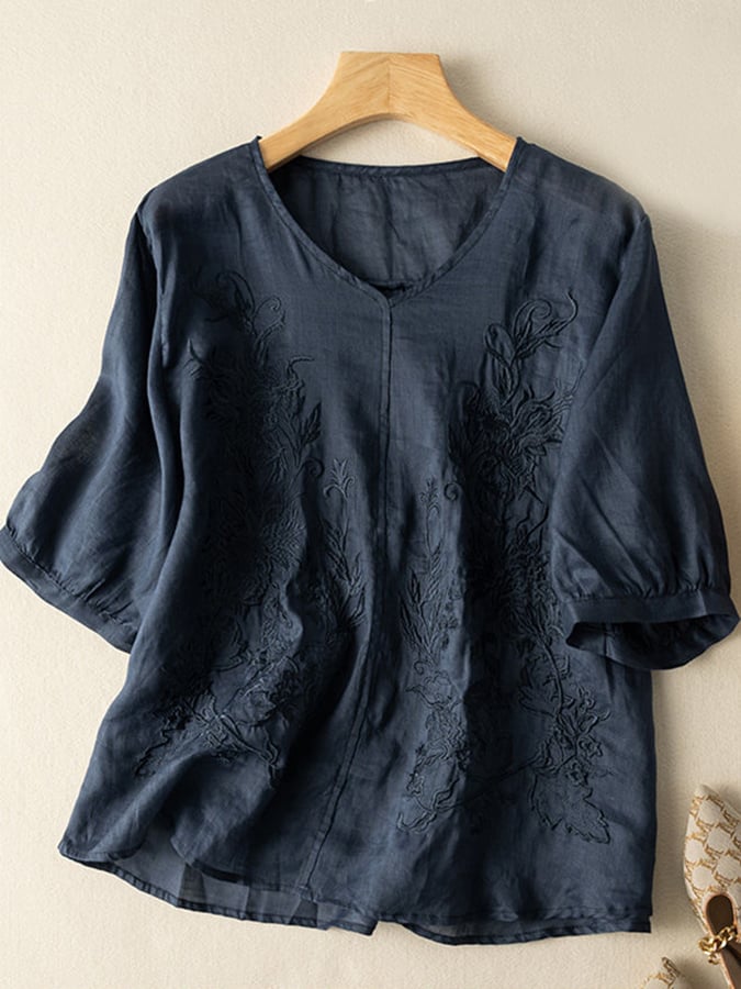 Lovevop Women's Cotton Embroidered Loose Fit Vintage Shirt - Breathable Summer Blouse for Casual Outings & Boho Style Fashion