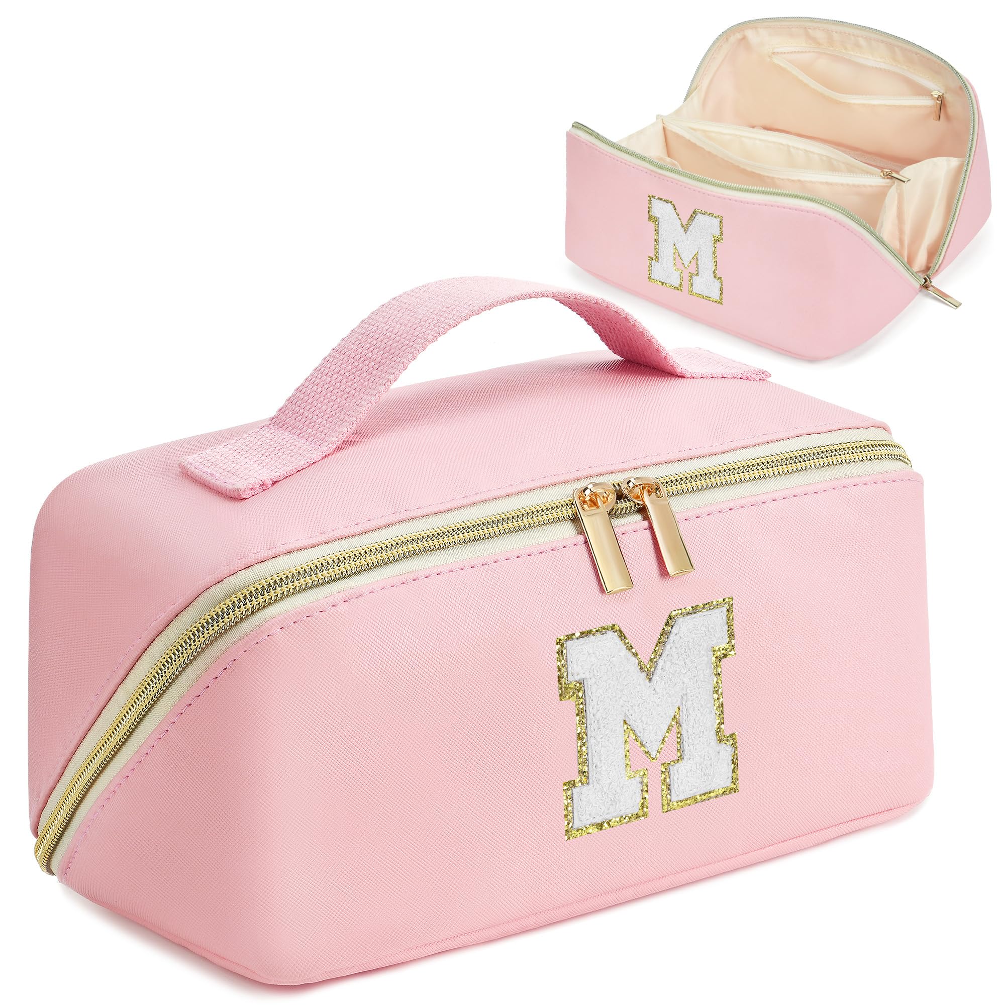 Personalized PU Leather Makeup Bag for Women & Teens - Custom Initial Cosmetic Pouch, Travel Toiletry Organizer - Trendy Birthday & Mother's Day Gift Idea (Pink) - Perfect for Travel, Gym & Daily Skincare Storage