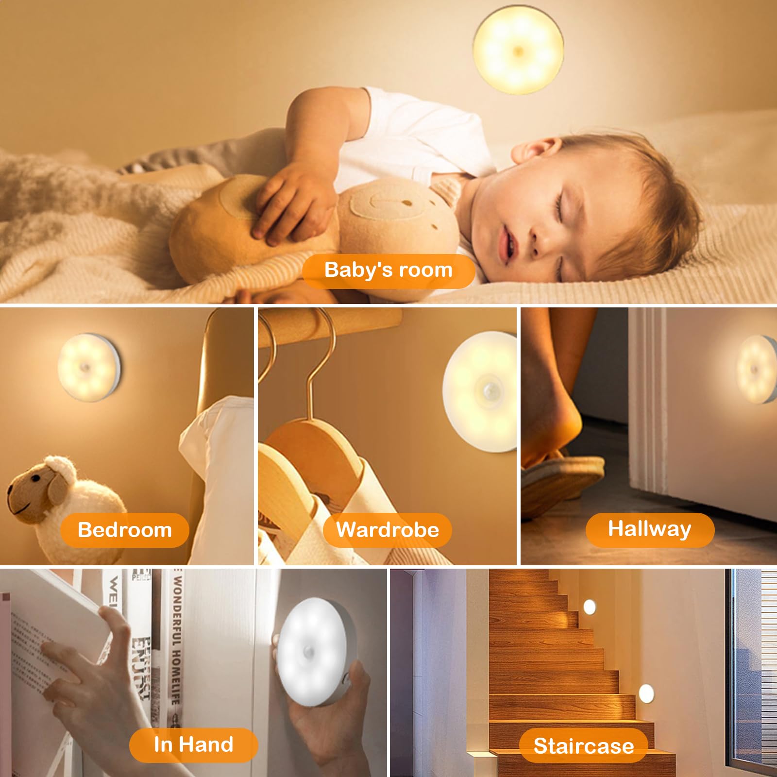 6 Pack Rechargeable LED Puck Lights with Motion Sensor - 1000mAh Battery Operated Tap Lights, Dimmable Push Lights for Closet, Under Cabinet, Stairs & Home Decor - USB Stick On Lights for Bedroom, Kitchen, Garage & Storage Spaces