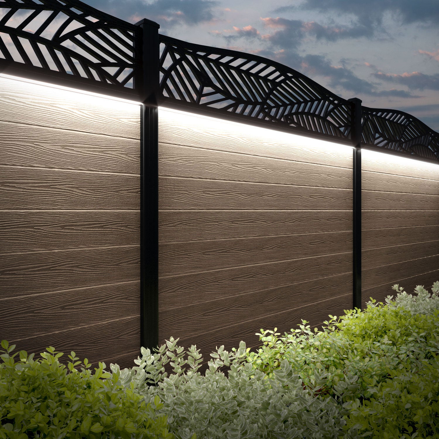 Premium Teak Classic Habitat Curved Top Fence Panel with Composite Posts - Elegant Garden & Backyard Privacy Solution for Outdoor Living Spaces
