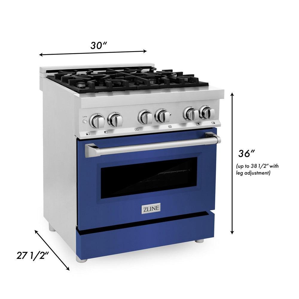 ZLINE 30-inch 4.0 cu. ft. Dual Fuel Range with 4-Burner Gas Cooktop & Electric Convection Oven - Stainless Steel with Blue Matte Door (RA BM 30) - Perfect for Modern Kitchens, Home Chefs & Gourmet Cooking