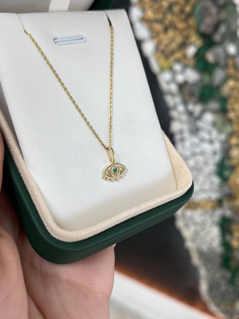 0.10 Carats Round Cut Genuine Emerald Evil Eye Pendant Necklace in 14K Solid Gold - Protection Jewelry for Women, Gift for Her, Spiritual & Fashion Accessory