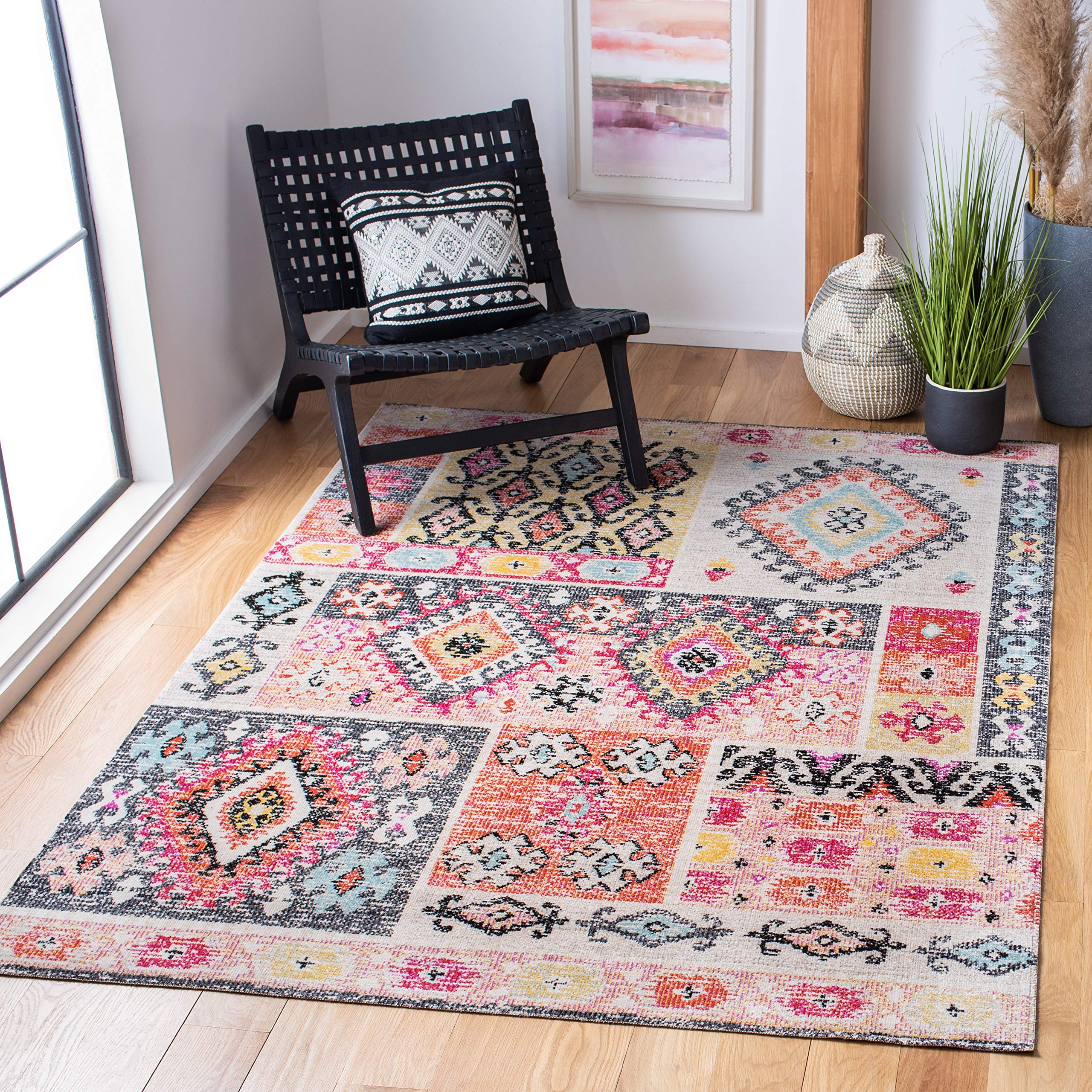 SAFAVIEH Montage Collection 3' x 5' Aqua/Fuchsia MTG221J Boho Indoor Outdoor Rug - Non-Shedding, Easy to Clean, Waterproof - Perfect for Patio, Backyard, Porch, Deck & Mudroom Decor