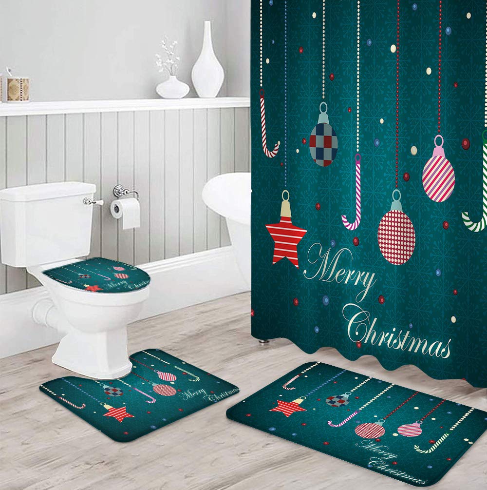 4PCS Non-Slip Bathroom Mat Set - Christmas Balloon Star Snowflake Decor for Shower, Toilet & Bath - Water Absorbent Bath Mats, Shower Curtain & Toilet Seat Cover - Perfect for Holiday Home Decor & Gift Giving