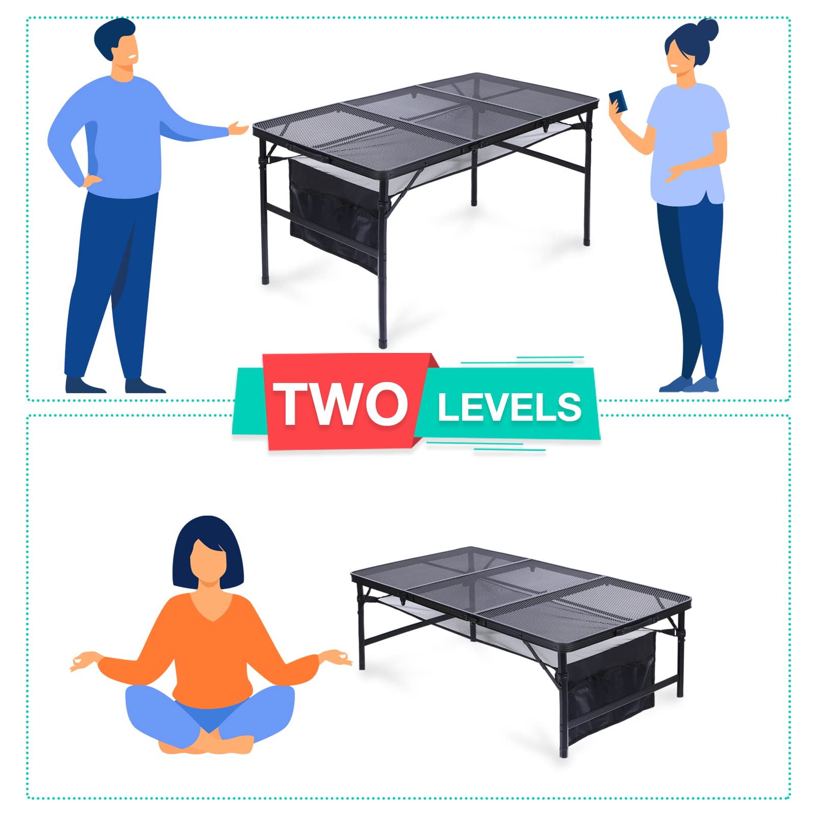 WGOS Folding Camping Table - Adjustable Height Portable Picnic Table with Mesh Storage Bag & Cup Holders, Lightweight Outdoor Indoor Table for Beach, Backyard, Tailgating, BBQ Parties (Large Black) - Perfect for Camping, Picnics, and Outdoor Adventures