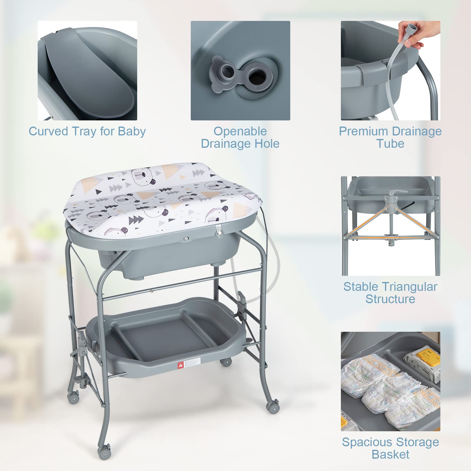 GYMAX Portable Folding Baby Changing Table with Bathtub - Newborn Diaper Changing Station with PVC Pad, Storage Tray & Wheels - Nursery Organizer for Infant Care (Grey) - Perfect for Home Nursery, Daycare & Travel Use