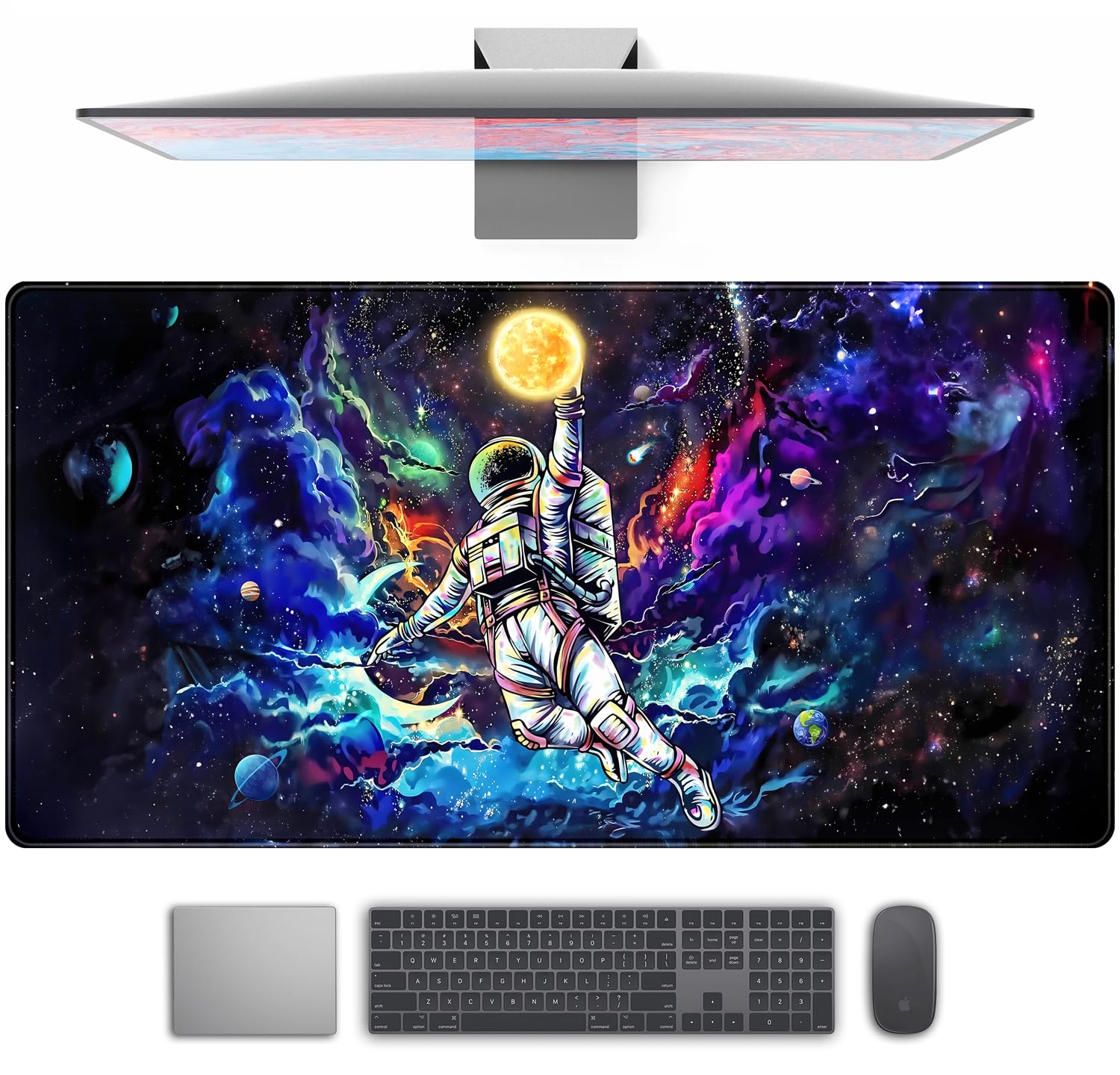 Galaxy Gaming Mouse Pad for Boys - Astronaut & Space Themed Desk Mat, 31.5x15.7 Inch Large Mousepad with Stitched Edges - Perfect for Gaming, Office & School Computer Setup