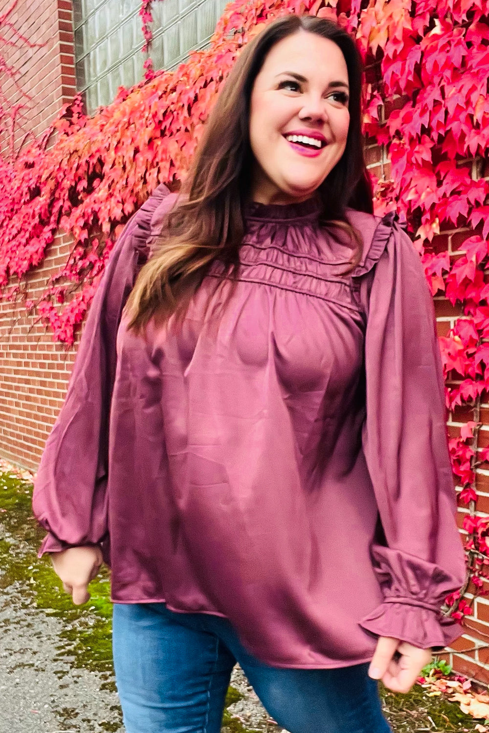 Stylish Wine Satin Shirred Yoke Frilled Mock Neck Top for Women | Elegant Blouse for Date Night, Parties & Special Occasions
