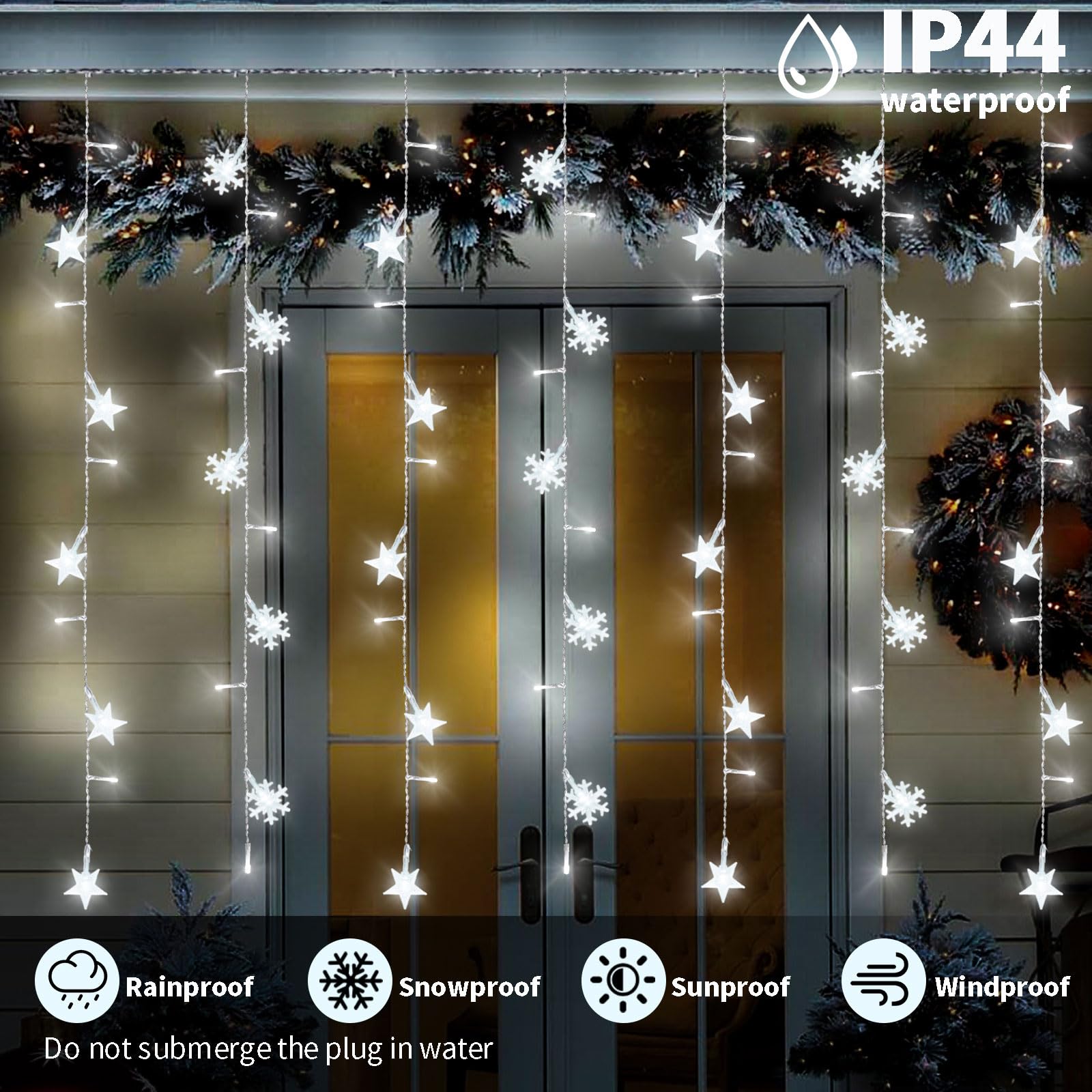 8 Modes Christmas Curtain String Lights with Snowflake & Star Designs - USB Plug-in Wall Lights for Indoor/Outdoor Holiday Decor - White Christmas Window Lights for Home, Party & Festive Decorations