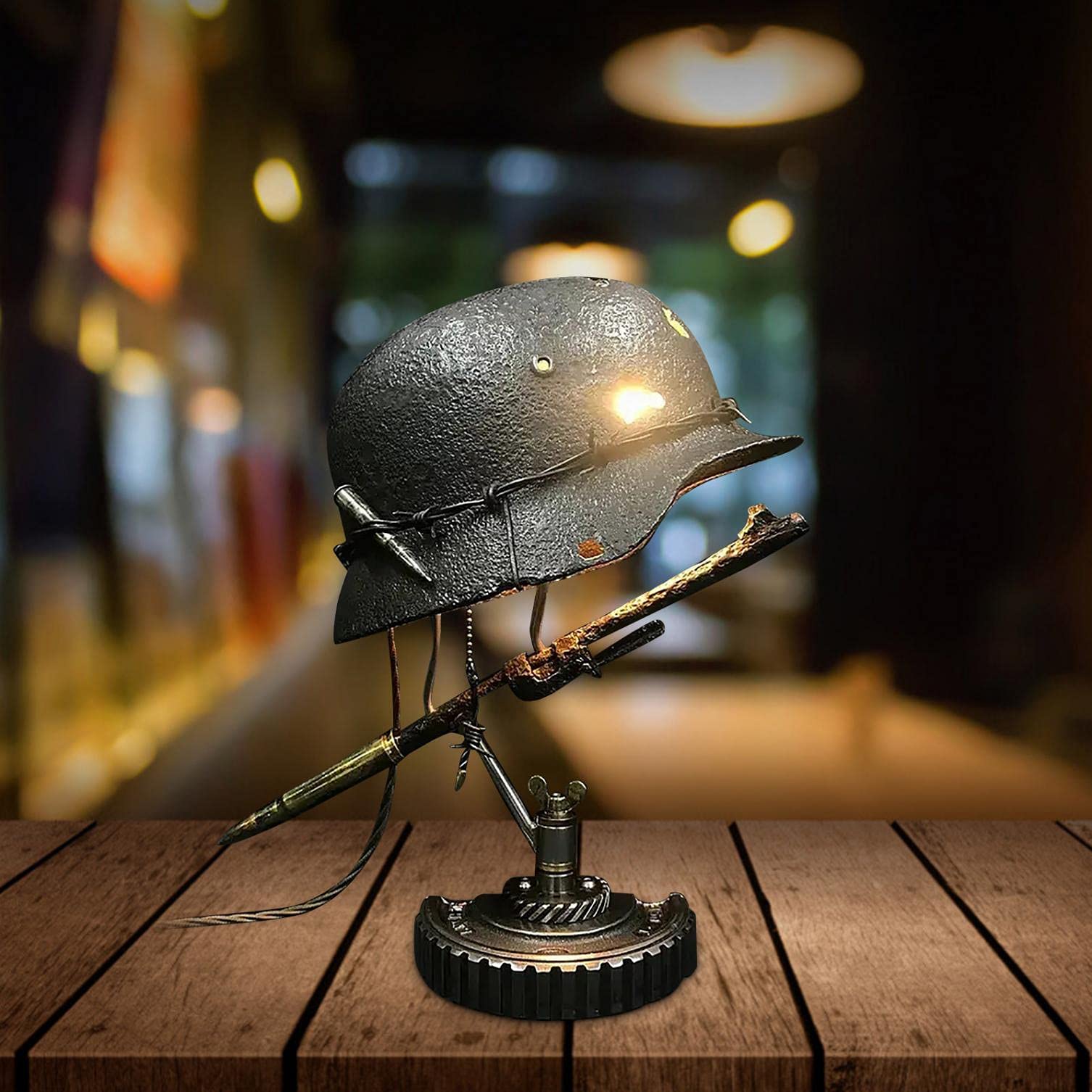 YUNAIYI Vintage War Relic Table Lamp - Classic Retro Military Memorial Light with Helmet & Dagger Design, Stable Base - Perfect for History Buffs, Home Office Decor & Man Cave Lighting