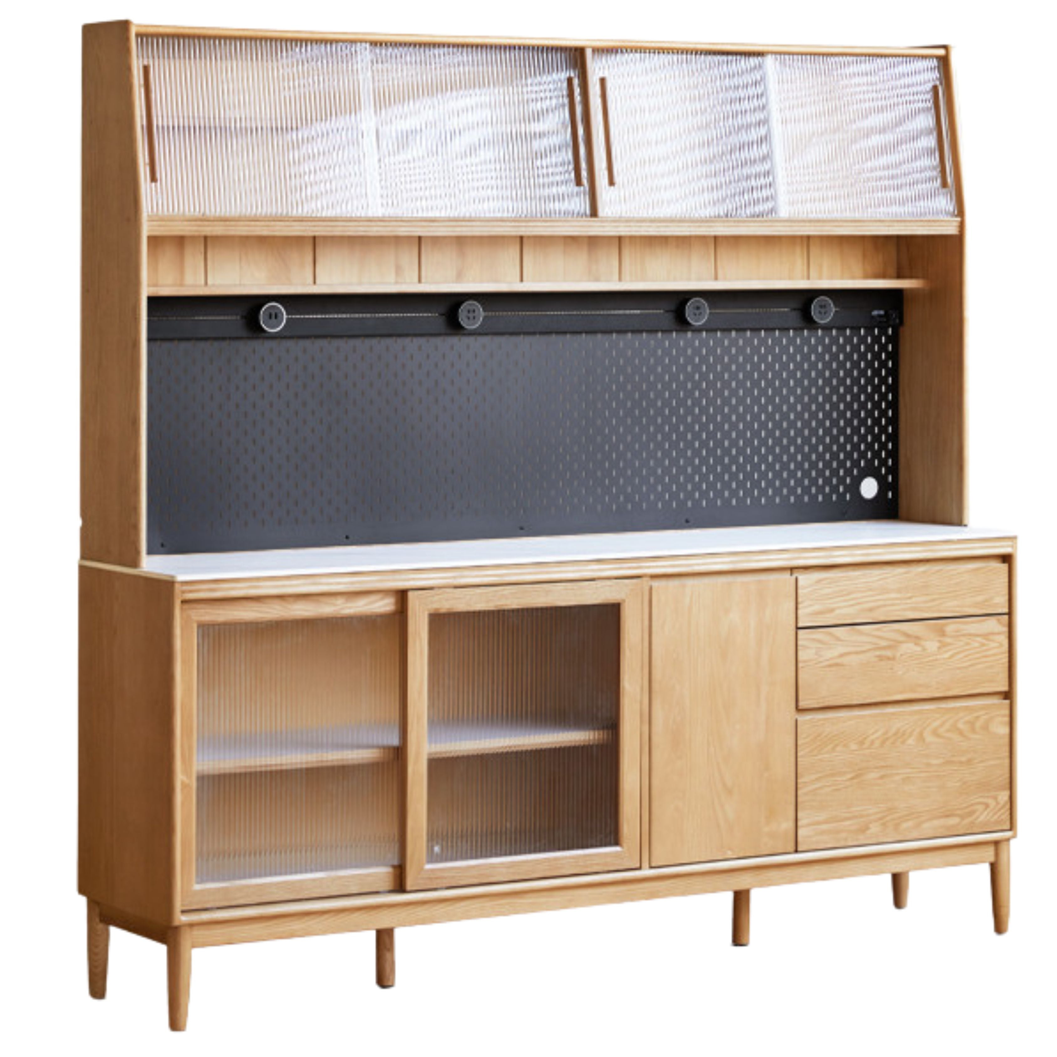 82.7x17.7x78.7 inch / 210.4x45x200 cm /Natural Wood Color /Ash Aquamarine Slate Sideboard + Upper Shelf + Bull Rail with waterproof drawer bottom mat + seven-piece perforated board set