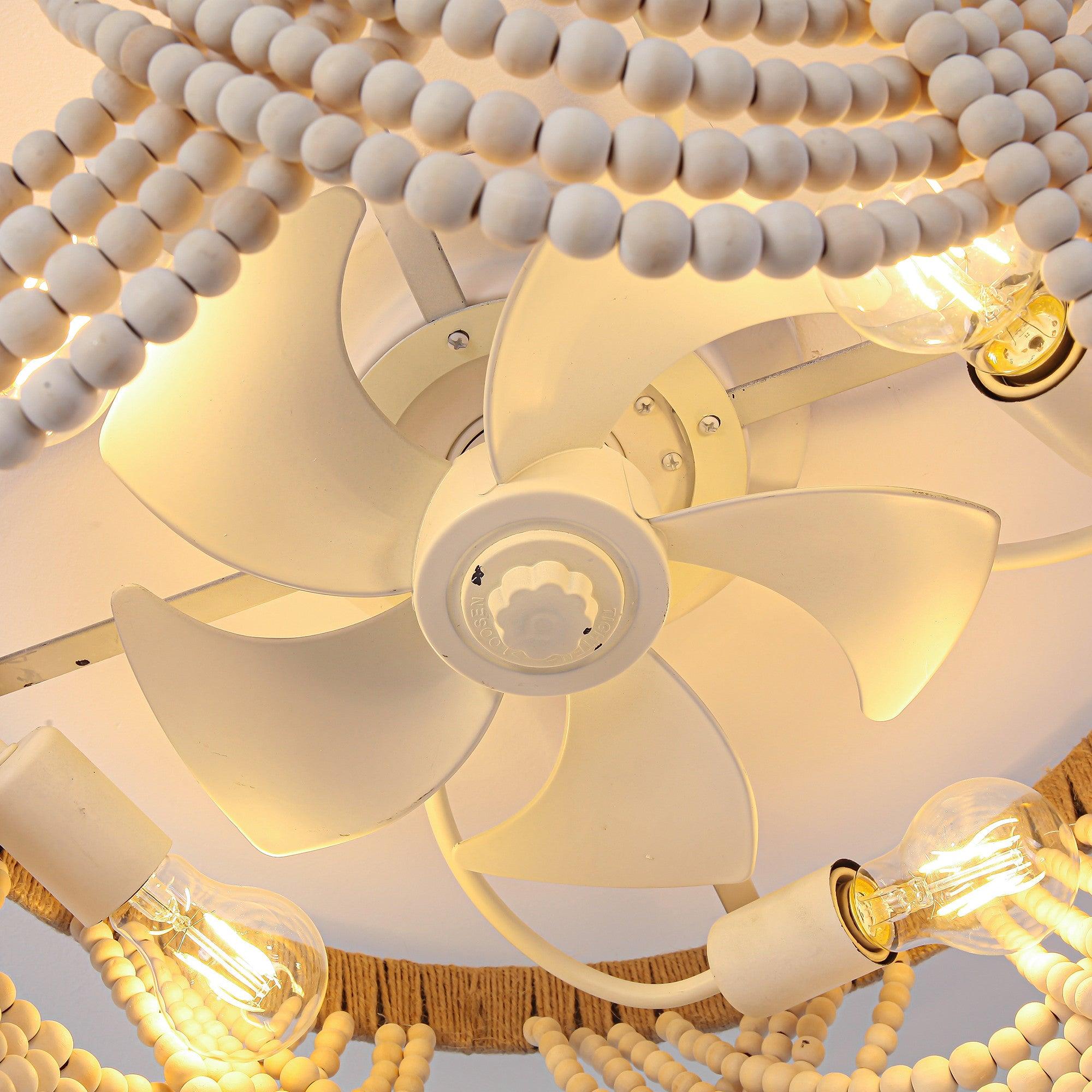 20 Inch White Farmhouse Wooden Beads Flush Mount Ceiling Fan with APP Remote Control & LED Light - Perfect for Bedroom, Living Room, and Kitchen Decoration