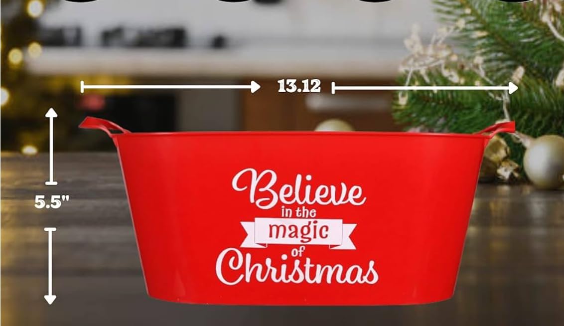 2-Pack Red Christmas Oval Plastic Buckets with Handles - Holiday Storage Baskets for Decor, Party Beverages, Candies & Toys - Perfect for Christmas Decorations, Kitchen Organization & Gift Giving (Merry Christmas Theme)