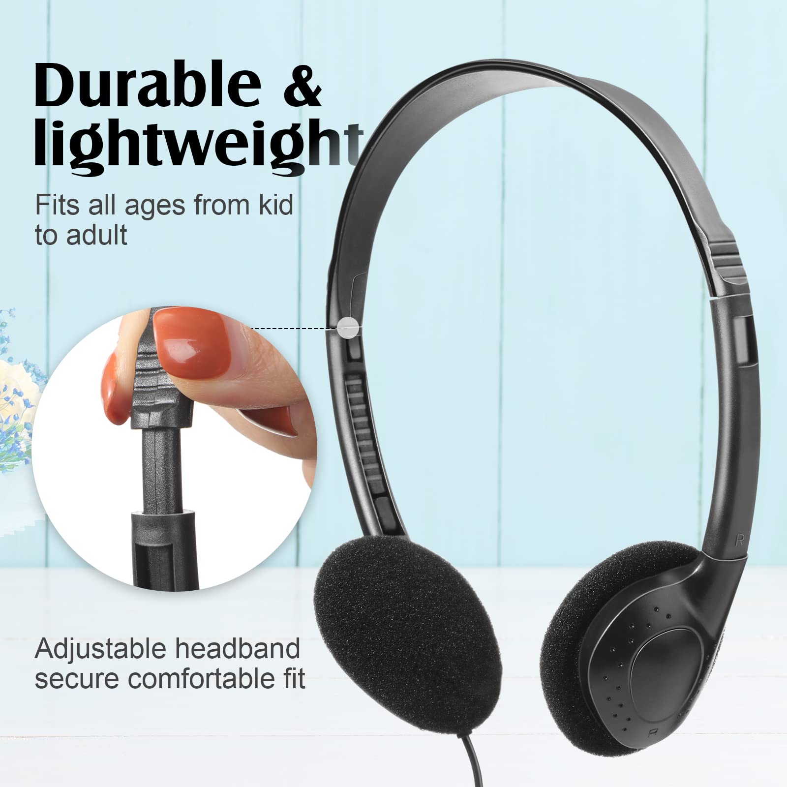 Flutesan 20 Pack Classroom Headphones for Kids - On Ear Headphones with Adjustable Headband for Students, Teens, Boys & Girls - Durable School Headphones for Learning, Online Classes & Computer Labs (Black)