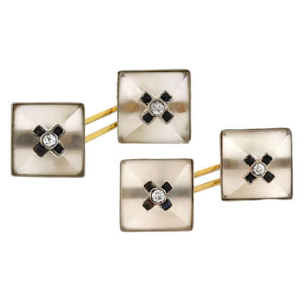 Art Deco 14kt Gold Carved Rock Quartz Crystal, Onyx & Diamond Cufflinks for Men - Luxury Wedding, Formal & Business Attire Accessories