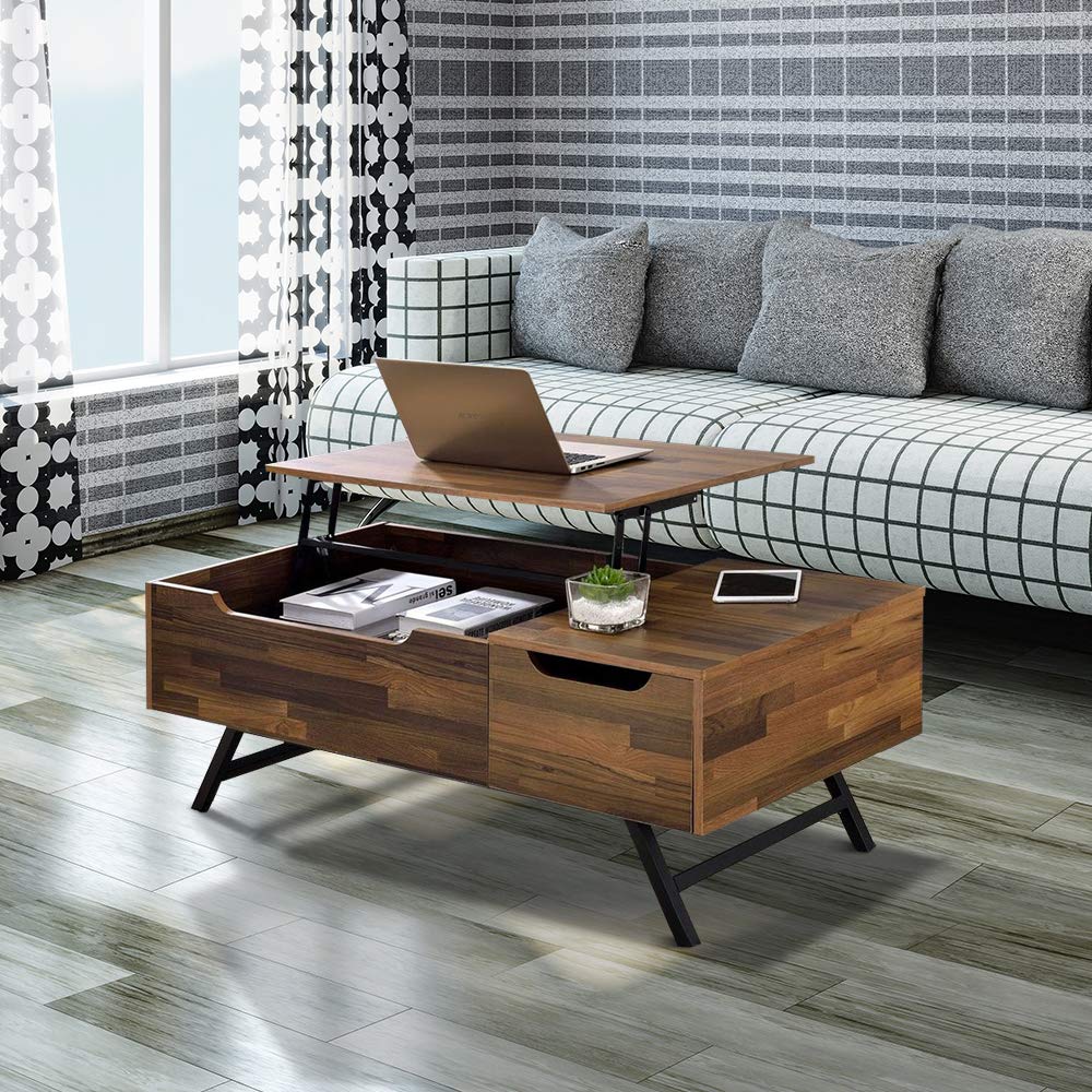 Modern Lift-Top Coffee Table with Storage Drawer - Solid Wood Lift Tabletop for Living Room, Home Office & Reception Areas - Walnut Finish with Black Metal Legs - Perfect for Small Spaces, Entertaining & Hidden Organization