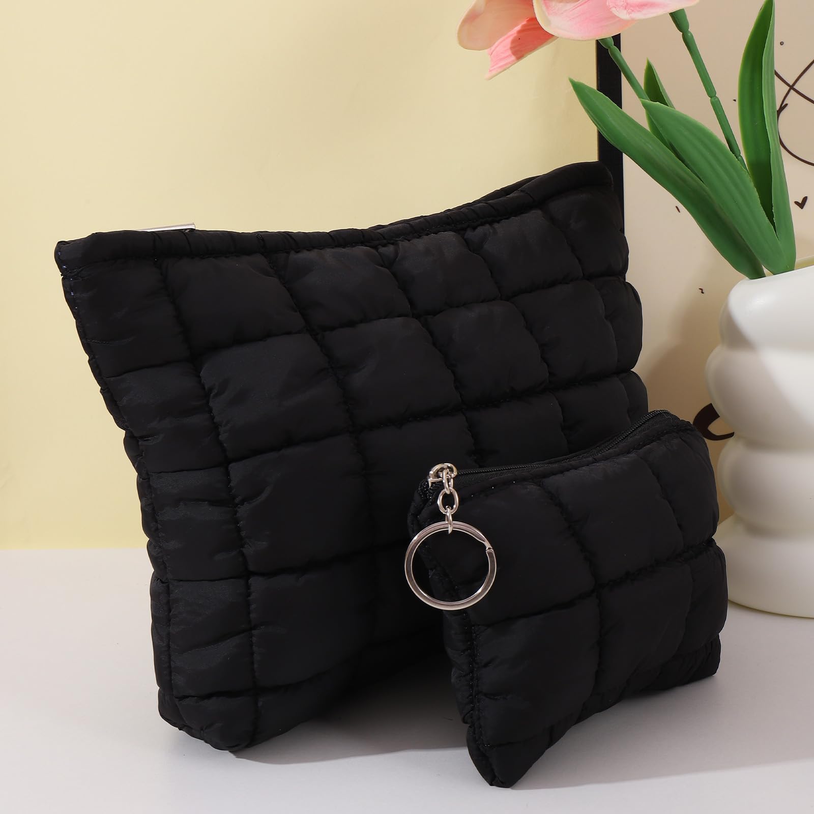 LYDZTION Quilted Makeup Bag Set of 2 - Cute Checkered Cosmetic Organizer for Women & Girls, Travel Toiletry Pouch with Zipper for Skincare & Makeup | Perfect for Travel, Gym, and Daily Use (Black)