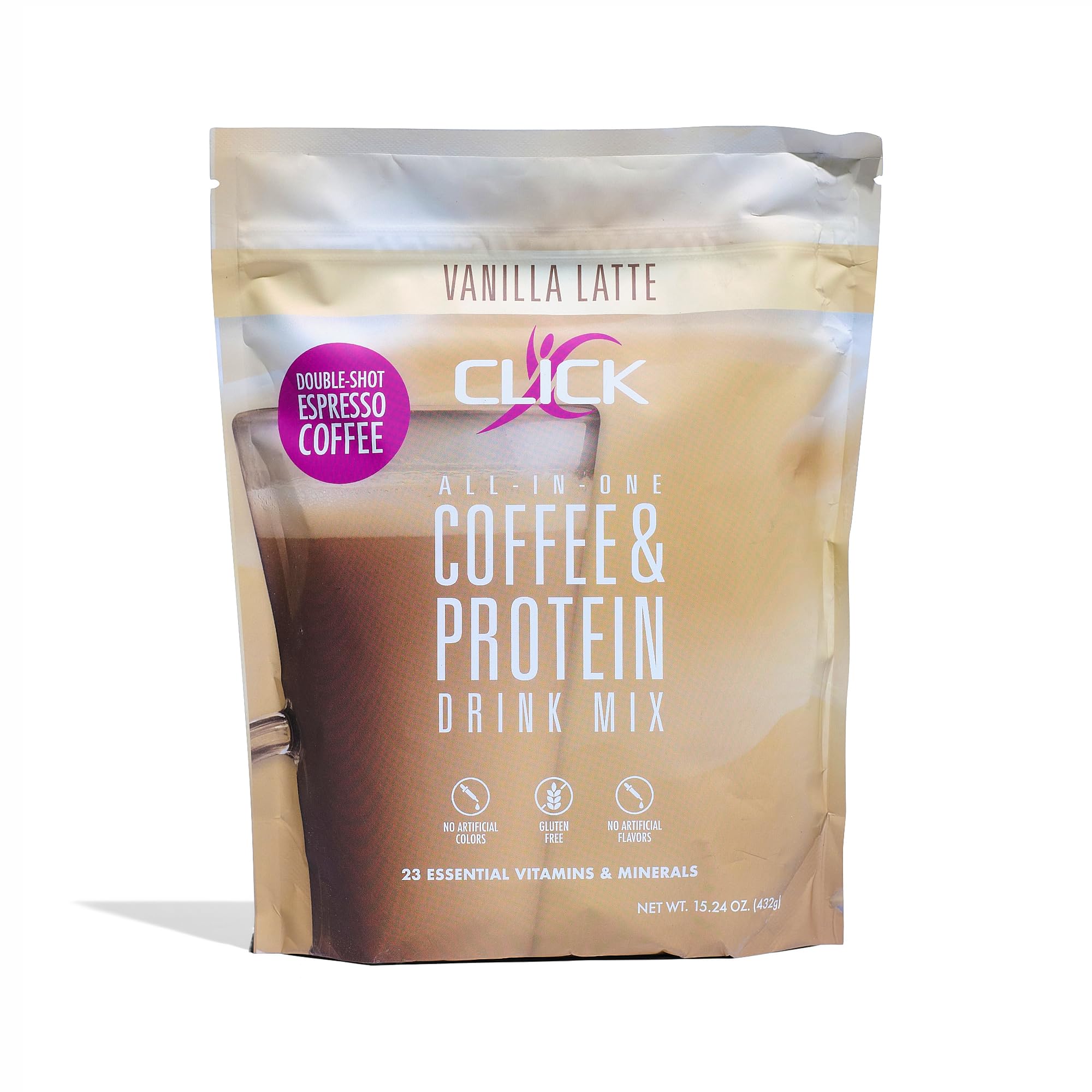 Click Coffee Protein Powder - Double Shot Espresso with 16g Protein & 23 Vitamins | Low Calorie Meal Replacement Shake | 150mg Caffeine, Gluten Free, No Artificial Flavors | Vanilla Flavor | Perfect for Post-Workout Recovery & Busy Mornings