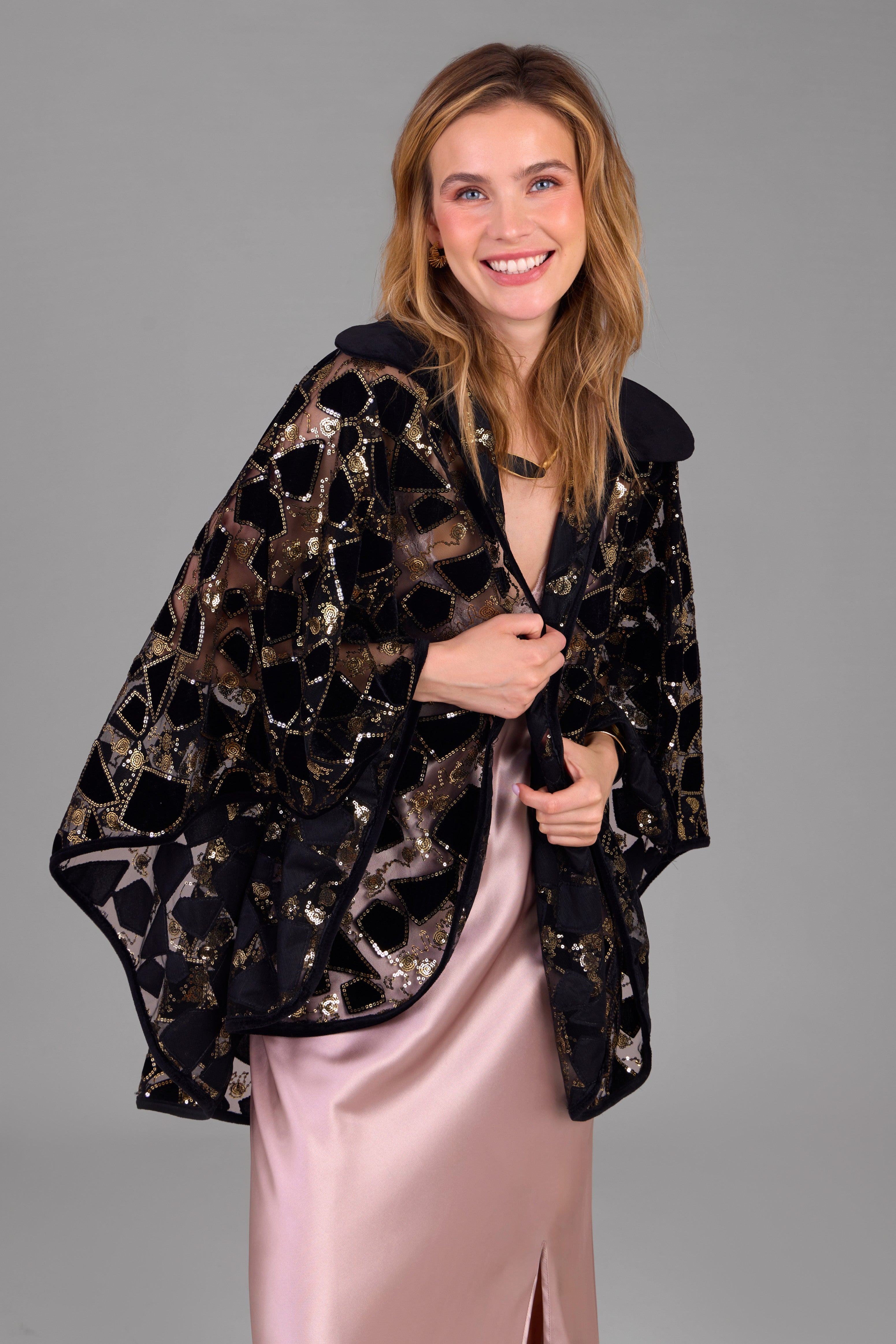 Elegant Velvet Sequin Collared Capelet Shawl for Women - Perfect for Evening Parties, Weddings & Holiday Events