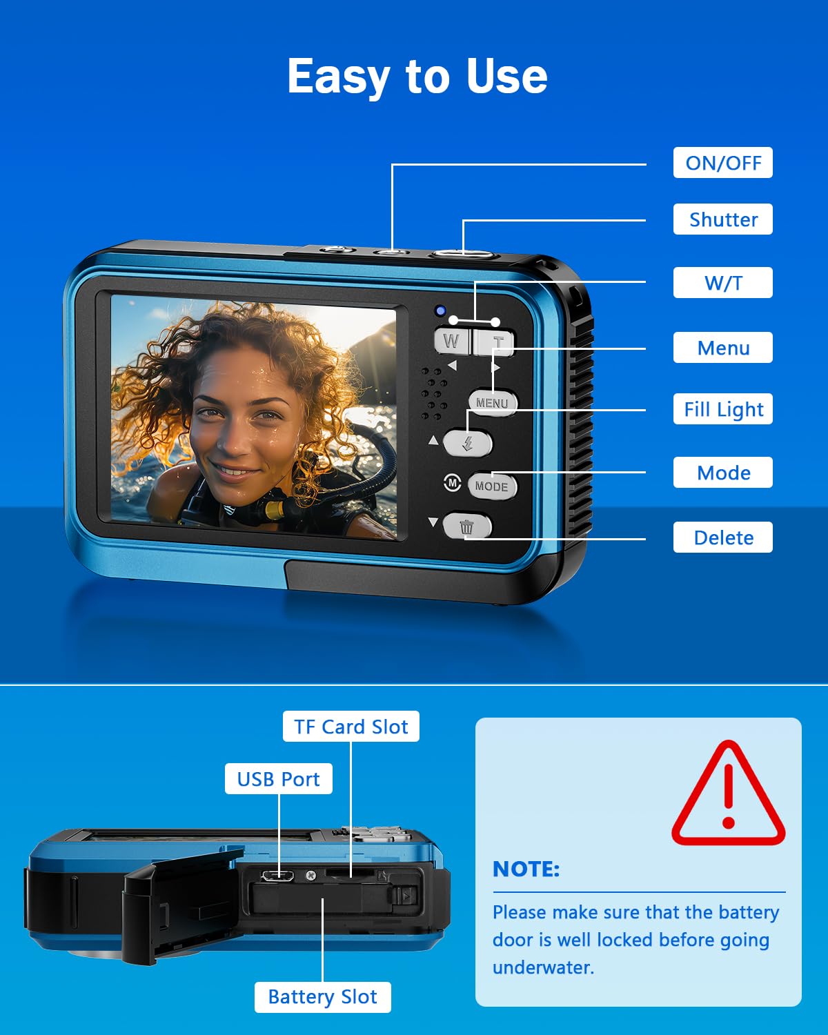 4K Waterproof Underwater Camera with 64GB Card - 48MP Autofocus Dual Screen Selfie Digital Camera for Snorkeling, Diving & Swimming - Compact Portable with 11FT Depth Rating & 2 Batteries - Perfect for Beach Vacations, Pool Parties and Underwater Adventures