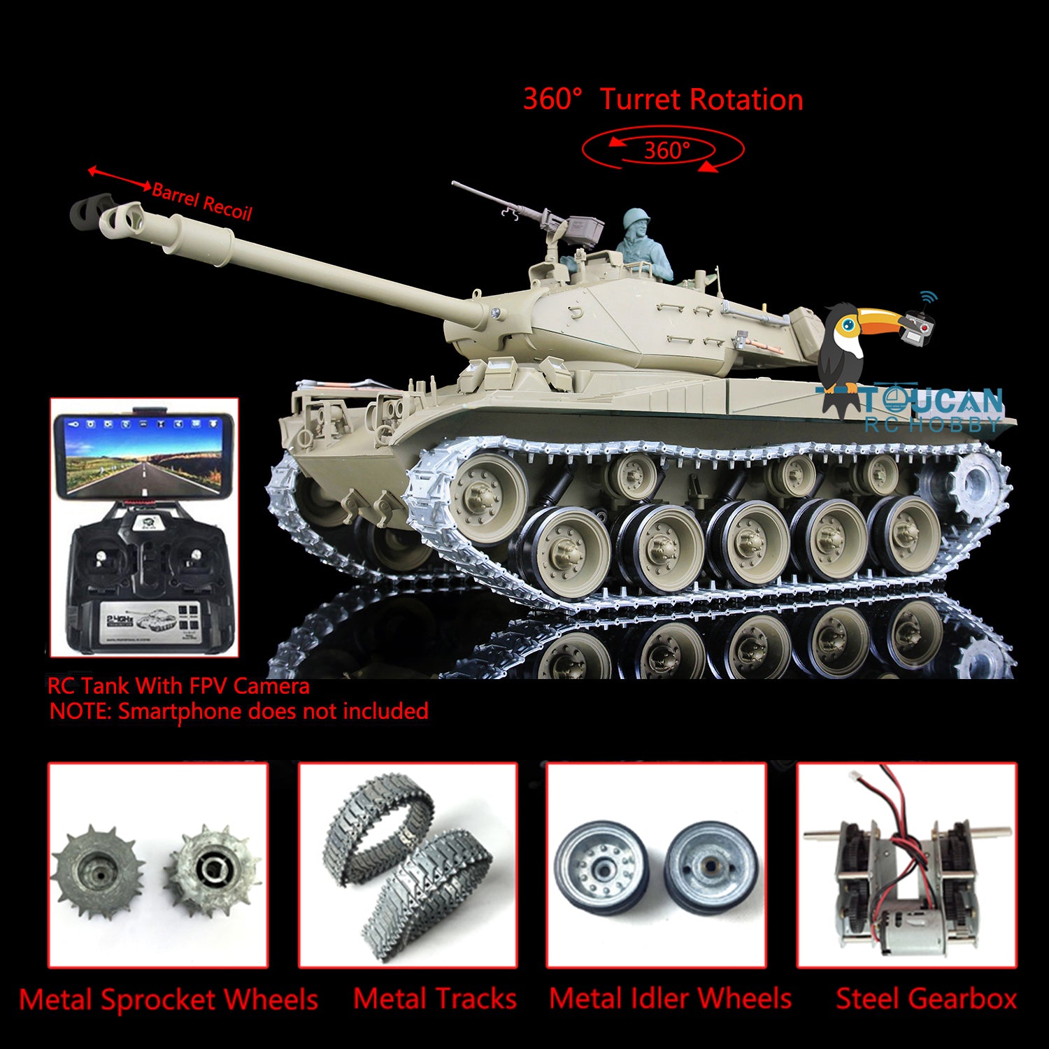 Henglong 1/16 Scale 7.0 Upgraded RC Tank - Walker Bulldog 3839 with 360° Rotating Turret, Barrel Recoil, Metal Tracks & FPV Gearbox | Realistic Military Simulation & Battle Scenes for Adults & Collectors