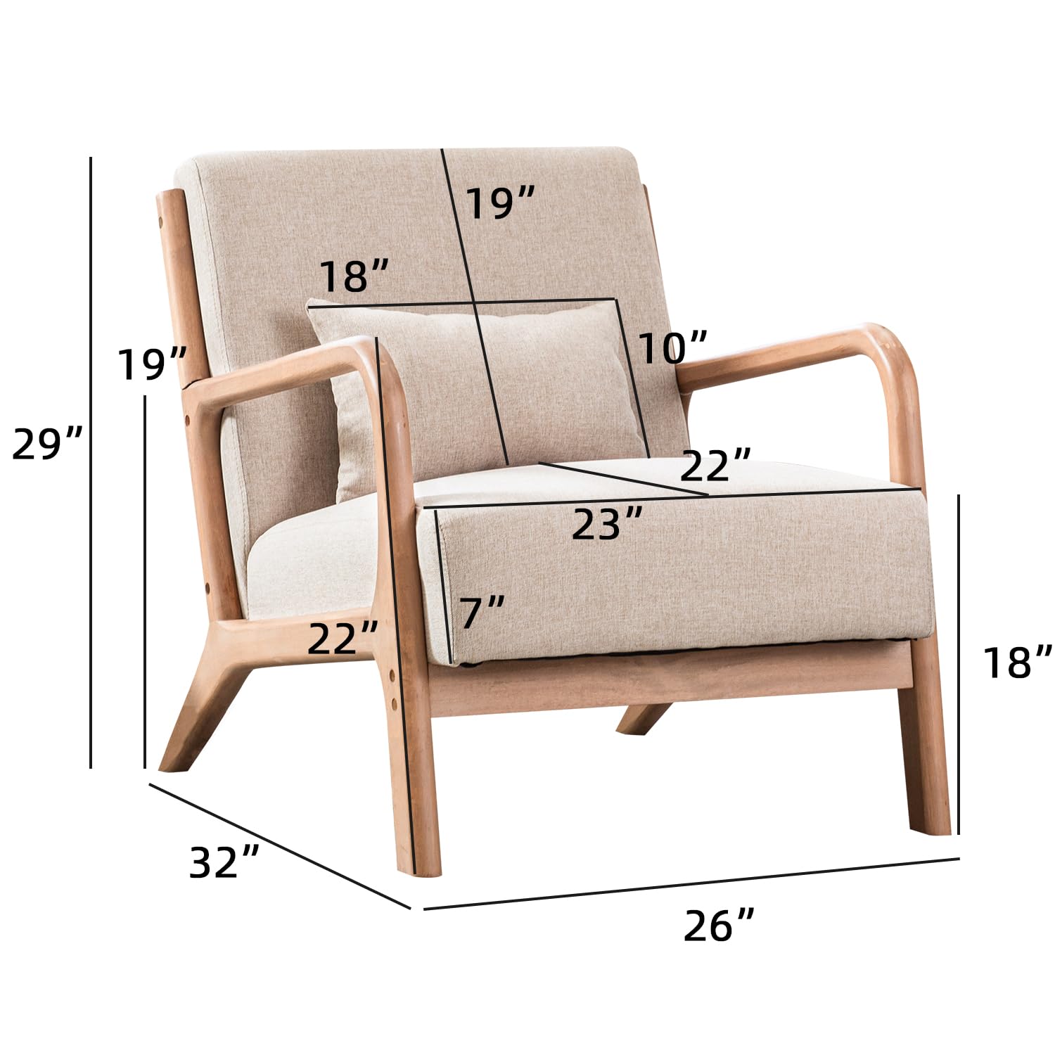 INZOY Mid Century Modern Accent Chair - Solid Wood Frame Upholstered Living Room Armchair with Removable Waist Cushion - Perfect for Bedroom, Sunroom, Reading Nook & Home Office (Beige)