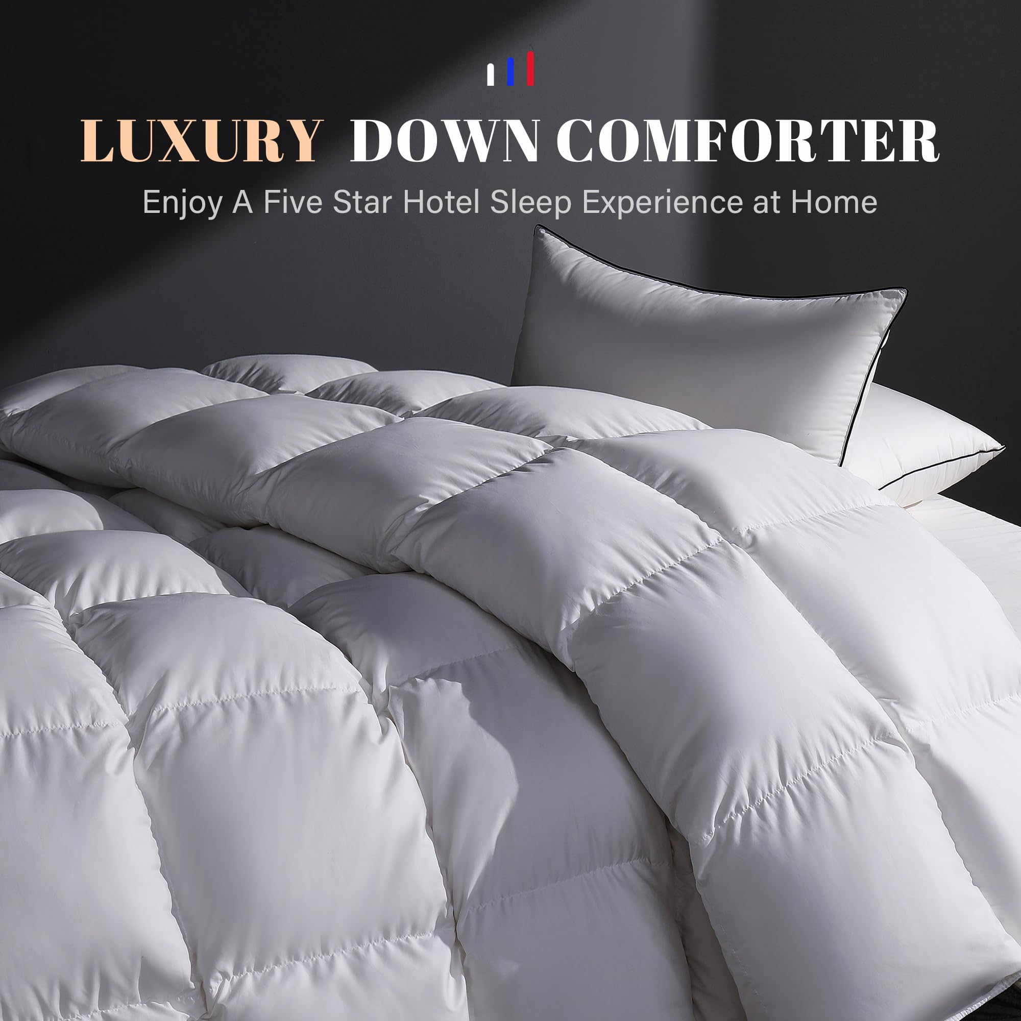 Premium King Size Feather Down Fiber Comforter - All Season Baffle-Box Duvet Insert, Ultra Soft & Noiseless Hotel Collection Bedding, Medium Warmth White Comforter 106